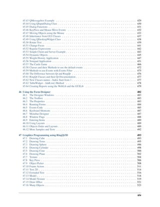 45.43 QMessagebox Example . . . . . . . . . . . . . . . . . . . . . . . . . . . . . . . . . . . . . . . . . 429
45.44 Using QInputDialog Class . . . . . . . . . . . . . . . . . . . . . . . . . . . . . . . . . . . . . . . . 430
45.45 Dialog Functions . . . . . . . . . . . . . . . . . . . . . . . . . . . . . . . . . . . . . . . . . . . . . 431
45.46 KeyPress and Mouse Move Events . . . . . . . . . . . . . . . . . . . . . . . . . . . . . . . . . . . 432
45.47 Moving Objects using the Mouse . . . . . . . . . . . . . . . . . . . . . . . . . . . . . . . . . . . . 433
45.48 Inheritance from GUI Classes . . . . . . . . . . . . . . . . . . . . . . . . . . . . . . . . . . . . . . 437
45.49 Using QDesktopWidget Class . . . . . . . . . . . . . . . . . . . . . . . . . . . . . . . . . . . . . . 438
45.50 Rotate Text . . . . . . . . . . . . . . . . . . . . . . . . . . . . . . . . . . . . . . . . . . . . . . . . 439
45.51 Change Focus . . . . . . . . . . . . . . . . . . . . . . . . . . . . . . . . . . . . . . . . . . . . . . 441
45.52 Regular Expressions . . . . . . . . . . . . . . . . . . . . . . . . . . . . . . . . . . . . . . . . . . . 442
45.53 Simple Client and Server Example . . . . . . . . . . . . . . . . . . . . . . . . . . . . . . . . . . . . 443
45.54 Dynamic Objects . . . . . . . . . . . . . . . . . . . . . . . . . . . . . . . . . . . . . . . . . . . . . 445
45.55 Weight History Application . . . . . . . . . . . . . . . . . . . . . . . . . . . . . . . . . . . . . . . 447
45.56 Notepad Application . . . . . . . . . . . . . . . . . . . . . . . . . . . . . . . . . . . . . . . . . . . 451
45.57 The Cards Game . . . . . . . . . . . . . . . . . . . . . . . . . . . . . . . . . . . . . . . . . . . . . 466
45.58 Classes and their Methods to use the default events . . . . . . . . . . . . . . . . . . . . . . . . . . . 472
45.59 Methods to use Events with Events Filter . . . . . . . . . . . . . . . . . . . . . . . . . . . . . . . . 475
45.60 The Difference between Qt and RingQt . . . . . . . . . . . . . . . . . . . . . . . . . . . . . . . . . 476
45.61 RingQt Classes and their Qt Documentation . . . . . . . . . . . . . . . . . . . . . . . . . . . . . . . 477
45.62 New Classes names - Index Start from 1 . . . . . . . . . . . . . . . . . . . . . . . . . . . . . . . . . 477
45.63 TableWidget - AddList() Method . . . . . . . . . . . . . . . . . . . . . . . . . . . . . . . . . . . . 478
45.64 Creating Reports using the WebLib and the GUILib . . . . . . . . . . . . . . . . . . . . . . . . . . 479
46 Using the Form Designer 482
46.1 The Designer Windows . . . . . . . . . . . . . . . . . . . . . . . . . . . . . . . . . . . . . . . . . 483
46.2 The Toolbox . . . . . . . . . . . . . . . . . . . . . . . . . . . . . . . . . . . . . . . . . . . . . . . 483
46.3 The Properties . . . . . . . . . . . . . . . . . . . . . . . . . . . . . . . . . . . . . . . . . . . . . . 483
46.4 Running Forms . . . . . . . . . . . . . . . . . . . . . . . . . . . . . . . . . . . . . . . . . . . . . . 484
46.5 Events Code . . . . . . . . . . . . . . . . . . . . . . . . . . . . . . . . . . . . . . . . . . . . . . . 485
46.6 Keyboard Shortcuts . . . . . . . . . . . . . . . . . . . . . . . . . . . . . . . . . . . . . . . . . . . 487
46.7 Menubar Designer . . . . . . . . . . . . . . . . . . . . . . . . . . . . . . . . . . . . . . . . . . . . 487
46.8 Window Flags . . . . . . . . . . . . . . . . . . . . . . . . . . . . . . . . . . . . . . . . . . . . . . 488
46.9 Entering Items . . . . . . . . . . . . . . . . . . . . . . . . . . . . . . . . . . . . . . . . . . . . . . 489
46.10 Using Layouts . . . . . . . . . . . . . . . . . . . . . . . . . . . . . . . . . . . . . . . . . . . . . . 489
46.11 Objects Order and Layouts . . . . . . . . . . . . . . . . . . . . . . . . . . . . . . . . . . . . . . . . 489
46.12 More Samples and Tests . . . . . . . . . . . . . . . . . . . . . . . . . . . . . . . . . . . . . . . . . 492
47 Graphics Programming using RingQt3D 493
47.1 Drawing Cube . . . . . . . . . . . . . . . . . . . . . . . . . . . . . . . . . . . . . . . . . . . . . . 493
47.2 Drawing Torus . . . . . . . . . . . . . . . . . . . . . . . . . . . . . . . . . . . . . . . . . . . . . . 495
47.3 Drawing Sphere . . . . . . . . . . . . . . . . . . . . . . . . . . . . . . . . . . . . . . . . . . . . . 496
47.4 Drawing Cylinder . . . . . . . . . . . . . . . . . . . . . . . . . . . . . . . . . . . . . . . . . . . . 498
47.5 Drawing Cone . . . . . . . . . . . . . . . . . . . . . . . . . . . . . . . . . . . . . . . . . . . . . . 500
47.6 Drawing Plane . . . . . . . . . . . . . . . . . . . . . . . . . . . . . . . . . . . . . . . . . . . . . . 502
47.7 Texture . . . . . . . . . . . . . . . . . . . . . . . . . . . . . . . . . . . . . . . . . . . . . . . . . . 504
47.8 Key Press . . . . . . . . . . . . . . . . . . . . . . . . . . . . . . . . . . . . . . . . . . . . . . . . . 506
47.9 Object Picker . . . . . . . . . . . . . . . . . . . . . . . . . . . . . . . . . . . . . . . . . . . . . . . 508
47.10 Frame Action . . . . . . . . . . . . . . . . . . . . . . . . . . . . . . . . . . . . . . . . . . . . . . . 511
47.11 Text 2D . . . . . . . . . . . . . . . . . . . . . . . . . . . . . . . . . . . . . . . . . . . . . . . . . . 514
47.12 Extruded Text . . . . . . . . . . . . . . . . . . . . . . . . . . . . . . . . . . . . . . . . . . . . . . 516
47.13 Model . . . . . . . . . . . . . . . . . . . . . . . . . . . . . . . . . . . . . . . . . . . . . . . . . . . 518
47.14 Model Texture . . . . . . . . . . . . . . . . . . . . . . . . . . . . . . . . . . . . . . . . . . . . . . 519
47.15 Draw Office . . . . . . . . . . . . . . . . . . . . . . . . . . . . . . . . . . . . . . . . . . . . . . . 521
47.16 Many Objects . . . . . . . . . . . . . . . . . . . . . . . . . . . . . . . . . . . . . . . . . . . . . . . 523
xiv
 