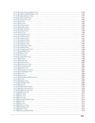 91.56 QCandlestickLegendMarker Class . . . . . . . . . . . . . . . . . . . . . . . . . . . . . . . . . . . . 1178
91.57 QCandlestickModelMapper Class . . . . . . . . . . . . . . . . . . . . . . . . . . . . . . . . . . . . 1178
91.58 QCandlestickSeries Class . . . . . . . . . . . . . . . . . . . . . . . . . . . . . . . . . . . . . . . . 1179
91.59 QCandlestickSet Class . . . . . . . . . . . . . . . . . . . . . . . . . . . . . . . . . . . . . . . . . . 1181
91.60 QCategoryAxis Class . . . . . . . . . . . . . . . . . . . . . . . . . . . . . . . . . . . . . . . . . . 1182
91.61 QChar Class . . . . . . . . . . . . . . . . . . . . . . . . . . . . . . . . . . . . . . . . . . . . . . . 1182
91.62 QChart Class . . . . . . . . . . . . . . . . . . . . . . . . . . . . . . . . . . . . . . . . . . . . . . . 1185
91.63 QChartView Class . . . . . . . . . . . . . . . . . . . . . . . . . . . . . . . . . . . . . . . . . . . . 1186
91.64 QCheckBox Class . . . . . . . . . . . . . . . . . . . . . . . . . . . . . . . . . . . . . . . . . . . . 1187
91.65 QChildEvent Class . . . . . . . . . . . . . . . . . . . . . . . . . . . . . . . . . . . . . . . . . . . . 1187
91.66 QClipboard Class . . . . . . . . . . . . . . . . . . . . . . . . . . . . . . . . . . . . . . . . . . . . . 1188
91.67 QColor Class . . . . . . . . . . . . . . . . . . . . . . . . . . . . . . . . . . . . . . . . . . . . . . . 1188
91.68 QColorDialog Class . . . . . . . . . . . . . . . . . . . . . . . . . . . . . . . . . . . . . . . . . . . 1191
91.69 QComboBox Class . . . . . . . . . . . . . . . . . . . . . . . . . . . . . . . . . . . . . . . . . . . . 1191
91.70 QCompleter Class . . . . . . . . . . . . . . . . . . . . . . . . . . . . . . . . . . . . . . . . . . . . 1193
91.71 QCompleter2 Class . . . . . . . . . . . . . . . . . . . . . . . . . . . . . . . . . . . . . . . . . . . . 1194
91.72 QCompleter3 Class . . . . . . . . . . . . . . . . . . . . . . . . . . . . . . . . . . . . . . . . . . . . 1194
91.73 QCompleter4 Class . . . . . . . . . . . . . . . . . . . . . . . . . . . . . . . . . . . . . . . . . . . . 1194
91.74 QConeGeometry Class . . . . . . . . . . . . . . . . . . . . . . . . . . . . . . . . . . . . . . . . . . 1195
91.75 QConeMesh Class . . . . . . . . . . . . . . . . . . . . . . . . . . . . . . . . . . . . . . . . . . . . 1195
91.76 QCoreApplication Class . . . . . . . . . . . . . . . . . . . . . . . . . . . . . . . . . . . . . . . . . 1196
91.77 QCuboidMesh Class . . . . . . . . . . . . . . . . . . . . . . . . . . . . . . . . . . . . . . . . . . . 1197
91.78 QCullFace Class . . . . . . . . . . . . . . . . . . . . . . . . . . . . . . . . . . . . . . . . . . . . . 1198
91.79 QCursor Class . . . . . . . . . . . . . . . . . . . . . . . . . . . . . . . . . . . . . . . . . . . . . . 1198
91.80 QCylinderMesh Class . . . . . . . . . . . . . . . . . . . . . . . . . . . . . . . . . . . . . . . . . . 1198
91.81 QDate Class . . . . . . . . . . . . . . . . . . . . . . . . . . . . . . . . . . . . . . . . . . . . . . . 1199
91.82 QDateEdit Class . . . . . . . . . . . . . . . . . . . . . . . . . . . . . . . . . . . . . . . . . . . . . 1200
91.83 QDateTime Class . . . . . . . . . . . . . . . . . . . . . . . . . . . . . . . . . . . . . . . . . . . . . 1200
91.84 QDateTimeAxis Class . . . . . . . . . . . . . . . . . . . . . . . . . . . . . . . . . . . . . . . . . . 1201
91.85 QDateTimeEdit Class . . . . . . . . . . . . . . . . . . . . . . . . . . . . . . . . . . . . . . . . . . 1202
91.86 QDepthTest Class . . . . . . . . . . . . . . . . . . . . . . . . . . . . . . . . . . . . . . . . . . . . 1203
91.87 QDesktopServices Class . . . . . . . . . . . . . . . . . . . . . . . . . . . . . . . . . . . . . . . . . 1203
91.88 QDesktopWidget Class . . . . . . . . . . . . . . . . . . . . . . . . . . . . . . . . . . . . . . . . . . 1203
91.89 QDial Class . . . . . . . . . . . . . . . . . . . . . . . . . . . . . . . . . . . . . . . . . . . . . . . . 1204
91.90 QDialog Class . . . . . . . . . . . . . . . . . . . . . . . . . . . . . . . . . . . . . . . . . . . . . . 1205
91.91 QDiffuseSpecularMaterial Class . . . . . . . . . . . . . . . . . . . . . . . . . . . . . . . . . . . . . 1205
91.92 QDir Class . . . . . . . . . . . . . . . . . . . . . . . . . . . . . . . . . . . . . . . . . . . . . . . . 1206
91.93 QDirModel Class . . . . . . . . . . . . . . . . . . . . . . . . . . . . . . . . . . . . . . . . . . . . . 1207
91.94 QDockWidget Class . . . . . . . . . . . . . . . . . . . . . . . . . . . . . . . . . . . . . . . . . . . 1208
91.95 QDrag Class . . . . . . . . . . . . . . . . . . . . . . . . . . . . . . . . . . . . . . . . . . . . . . . 1209
91.96 QDragEnterEvent Class . . . . . . . . . . . . . . . . . . . . . . . . . . . . . . . . . . . . . . . . . 1210
91.97 QDragLeaveEvent Class . . . . . . . . . . . . . . . . . . . . . . . . . . . . . . . . . . . . . . . . . 1210
91.98 QDragMoveEvent Class . . . . . . . . . . . . . . . . . . . . . . . . . . . . . . . . . . . . . . . . . 1210
91.99 QDropEvent Class . . . . . . . . . . . . . . . . . . . . . . . . . . . . . . . . . . . . . . . . . . . . 1210
91.100QEffect Class . . . . . . . . . . . . . . . . . . . . . . . . . . . . . . . . . . . . . . . . . . . . . . . 1211
91.101QEntity Class . . . . . . . . . . . . . . . . . . . . . . . . . . . . . . . . . . . . . . . . . . . . . . . 1211
91.102QEvent Class . . . . . . . . . . . . . . . . . . . . . . . . . . . . . . . . . . . . . . . . . . . . . . . 1211
91.103QExtrudedTextMesh Class . . . . . . . . . . . . . . . . . . . . . . . . . . . . . . . . . . . . . . . . 1212
91.104QFile Class . . . . . . . . . . . . . . . . . . . . . . . . . . . . . . . . . . . . . . . . . . . . . . . . 1212
91.105QFile2 Class . . . . . . . . . . . . . . . . . . . . . . . . . . . . . . . . . . . . . . . . . . . . . . . 1213
91.106QFileDevice Class . . . . . . . . . . . . . . . . . . . . . . . . . . . . . . . . . . . . . . . . . . . . 1213
91.107QFileDialog Class . . . . . . . . . . . . . . . . . . . . . . . . . . . . . . . . . . . . . . . . . . . . 1213
91.108QFileInfo Class . . . . . . . . . . . . . . . . . . . . . . . . . . . . . . . . . . . . . . . . . . . . . . 1216
91.109QFileSystemModel Class . . . . . . . . . . . . . . . . . . . . . . . . . . . . . . . . . . . . . . . . 1217
xxiv
 