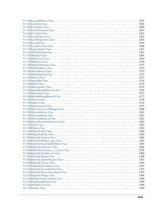 91.164QLegendMarker Class . . . . . . . . . . . . . . . . . . . . . . . . . . . . . . . . . . . . . . . . . . 1257
91.165QLineEdit Class . . . . . . . . . . . . . . . . . . . . . . . . . . . . . . . . . . . . . . . . . . . . . 1258
91.166QLineSeries Class . . . . . . . . . . . . . . . . . . . . . . . . . . . . . . . . . . . . . . . . . . . . 1260
91.167QLinearGradient Class . . . . . . . . . . . . . . . . . . . . . . . . . . . . . . . . . . . . . . . . . . 1261
91.168QListView Class . . . . . . . . . . . . . . . . . . . . . . . . . . . . . . . . . . . . . . . . . . . . . 1261
91.169QListWidget Class . . . . . . . . . . . . . . . . . . . . . . . . . . . . . . . . . . . . . . . . . . . . 1262
91.170QListWidgetItem Class . . . . . . . . . . . . . . . . . . . . . . . . . . . . . . . . . . . . . . . . . 1263
91.171QLocale Class . . . . . . . . . . . . . . . . . . . . . . . . . . . . . . . . . . . . . . . . . . . . . . 1264
91.172QLogValueAxis Class . . . . . . . . . . . . . . . . . . . . . . . . . . . . . . . . . . . . . . . . . . 1266
91.173QLogicAspect Class . . . . . . . . . . . . . . . . . . . . . . . . . . . . . . . . . . . . . . . . . . . 1267
91.174QMainWindow Class . . . . . . . . . . . . . . . . . . . . . . . . . . . . . . . . . . . . . . . . . . . 1267
91.175QMaterial Class . . . . . . . . . . . . . . . . . . . . . . . . . . . . . . . . . . . . . . . . . . . . . 1269
91.176QMatrix4x4 Class . . . . . . . . . . . . . . . . . . . . . . . . . . . . . . . . . . . . . . . . . . . . 1269
91.177QMdiArea Class . . . . . . . . . . . . . . . . . . . . . . . . . . . . . . . . . . . . . . . . . . . . . 1270
91.178QMdiSubWindow Class . . . . . . . . . . . . . . . . . . . . . . . . . . . . . . . . . . . . . . . . . 1271
91.179QMediaObject Class . . . . . . . . . . . . . . . . . . . . . . . . . . . . . . . . . . . . . . . . . . . 1272
91.180QMediaPlayer Class . . . . . . . . . . . . . . . . . . . . . . . . . . . . . . . . . . . . . . . . . . . 1272
91.181QMediaPlaylist Class . . . . . . . . . . . . . . . . . . . . . . . . . . . . . . . . . . . . . . . . . . 1273
91.182QMenu Class . . . . . . . . . . . . . . . . . . . . . . . . . . . . . . . . . . . . . . . . . . . . . . . 1273
91.183QMenuBar Class . . . . . . . . . . . . . . . . . . . . . . . . . . . . . . . . . . . . . . . . . . . . . 1274
91.184QMesh Class . . . . . . . . . . . . . . . . . . . . . . . . . . . . . . . . . . . . . . . . . . . . . . . 1275
91.185QMessageBox Class . . . . . . . . . . . . . . . . . . . . . . . . . . . . . . . . . . . . . . . . . . . 1275
91.186QMetalRoughMaterial Class . . . . . . . . . . . . . . . . . . . . . . . . . . . . . . . . . . . . . . . 1276
91.187QMimeData Class . . . . . . . . . . . . . . . . . . . . . . . . . . . . . . . . . . . . . . . . . . . . 1277
91.188QMorphPhongMaterial Class . . . . . . . . . . . . . . . . . . . . . . . . . . . . . . . . . . . . . . 1277
91.189QMovie Class . . . . . . . . . . . . . . . . . . . . . . . . . . . . . . . . . . . . . . . . . . . . . . 1278
91.190QMutex Class . . . . . . . . . . . . . . . . . . . . . . . . . . . . . . . . . . . . . . . . . . . . . . 1279
91.191QMutexLocker Class . . . . . . . . . . . . . . . . . . . . . . . . . . . . . . . . . . . . . . . . . . . 1279
91.192QNetworkAccessManager Class . . . . . . . . . . . . . . . . . . . . . . . . . . . . . . . . . . . . . 1280
91.193QNetworkProxy Class . . . . . . . . . . . . . . . . . . . . . . . . . . . . . . . . . . . . . . . . . . 1281
91.194QNetworkReply Class . . . . . . . . . . . . . . . . . . . . . . . . . . . . . . . . . . . . . . . . . . 1281
91.195QNetworkRequest Class . . . . . . . . . . . . . . . . . . . . . . . . . . . . . . . . . . . . . . . . . 1282
91.196QNmeaPositionInfoSource Class . . . . . . . . . . . . . . . . . . . . . . . . . . . . . . . . . . . . 1282
91.197QNode Class . . . . . . . . . . . . . . . . . . . . . . . . . . . . . . . . . . . . . . . . . . . . . . . 1283
91.198QObject Class . . . . . . . . . . . . . . . . . . . . . . . . . . . . . . . . . . . . . . . . . . . . . . 1283
91.199QObjectPicker Class . . . . . . . . . . . . . . . . . . . . . . . . . . . . . . . . . . . . . . . . . . . 1284
91.200QOpenGLBuffer Class . . . . . . . . . . . . . . . . . . . . . . . . . . . . . . . . . . . . . . . . . . 1285
91.201QOpenGLContext Class . . . . . . . . . . . . . . . . . . . . . . . . . . . . . . . . . . . . . . . . . 1286
91.202QOpenGLDebugLogger Class . . . . . . . . . . . . . . . . . . . . . . . . . . . . . . . . . . . . . . 1287
91.203QOpenGLFramebufferObject Class . . . . . . . . . . . . . . . . . . . . . . . . . . . . . . . . . . . 1287
91.204QOpenGLFunctions Class . . . . . . . . . . . . . . . . . . . . . . . . . . . . . . . . . . . . . . . . 1288
91.205QOpenGLFunctions_3_2_Core Class . . . . . . . . . . . . . . . . . . . . . . . . . . . . . . . . . . 1292
91.206QOpenGLPaintDevice Class . . . . . . . . . . . . . . . . . . . . . . . . . . . . . . . . . . . . . . . 1300
91.207QOpenGLShader Class . . . . . . . . . . . . . . . . . . . . . . . . . . . . . . . . . . . . . . . . . 1300
91.208QOpenGLShaderProgram Class . . . . . . . . . . . . . . . . . . . . . . . . . . . . . . . . . . . . . 1301
91.209QOpenGLTexture Class . . . . . . . . . . . . . . . . . . . . . . . . . . . . . . . . . . . . . . . . . 1305
91.210QOpenGLTimerQuery Class . . . . . . . . . . . . . . . . . . . . . . . . . . . . . . . . . . . . . . . 1307
91.211QOpenGLVersionProfile Class . . . . . . . . . . . . . . . . . . . . . . . . . . . . . . . . . . . . . . 1307
91.212QOpenGLVertexArrayObject Class . . . . . . . . . . . . . . . . . . . . . . . . . . . . . . . . . . . 1307
91.213QOpenGLWidget Class . . . . . . . . . . . . . . . . . . . . . . . . . . . . . . . . . . . . . . . . . 1308
91.214QOrbitCameraController Class . . . . . . . . . . . . . . . . . . . . . . . . . . . . . . . . . . . . . 1308
91.215QPageSetupDialog Class . . . . . . . . . . . . . . . . . . . . . . . . . . . . . . . . . . . . . . . . . 1309
91.216QPaintDevice Class . . . . . . . . . . . . . . . . . . . . . . . . . . . . . . . . . . . . . . . . . . . 1309
91.217QPainter Class . . . . . . . . . . . . . . . . . . . . . . . . . . . . . . . . . . . . . . . . . . . . . . 1309
xxvi
 