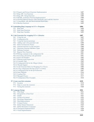94.12 Fopen() and Fclose() Functions Implementation . . . . . . . . . . . . . . . . . . . . . . . . . . . . 1487
94.13 Ring API - List Functions . . . . . . . . . . . . . . . . . . . . . . . . . . . . . . . . . . . . . . . . 1488
94.14 Ring API - String Functions . . . . . . . . . . . . . . . . . . . . . . . . . . . . . . . . . . . . . . . 1489
94.15 MySQL_Columns() Function Implementation . . . . . . . . . . . . . . . . . . . . . . . . . . . . . 1490
94.16 Dynamic/Shared Libraries (DLL/So/Dylib) and LoadLib() function . . . . . . . . . . . . . . . . . . 1491
94.17 Using RING_API_RETMANAGEDCPOINTER() . . . . . . . . . . . . . . . . . . . . . . . . . . . 1492
94.18 Memory Functions . . . . . . . . . . . . . . . . . . . . . . . . . . . . . . . . . . . . . . . . . . . . 1493
95 Embedding Ring Language in C/C++ Programs 1494
95.1 Ring State . . . . . . . . . . . . . . . . . . . . . . . . . . . . . . . . . . . . . . . . . . . . . . . . 1494
95.2 Ring State Functions . . . . . . . . . . . . . . . . . . . . . . . . . . . . . . . . . . . . . . . . . . . 1494
95.3 Ring State Variables . . . . . . . . . . . . . . . . . . . . . . . . . . . . . . . . . . . . . . . . . . . 1495
96 Code Generator for wrapping C/C++ Libraries 1497
96.1 Using the tool . . . . . . . . . . . . . . . . . . . . . . . . . . . . . . . . . . . . . . . . . . . . . . 1497
96.2 Configuration file . . . . . . . . . . . . . . . . . . . . . . . . . . . . . . . . . . . . . . . . . . . . . 1497
96.3 Using the function prototype . . . . . . . . . . . . . . . . . . . . . . . . . . . . . . . . . . . . . . . 1497
96.4 Adding code to the generated code . . . . . . . . . . . . . . . . . . . . . . . . . . . . . . . . . . . 1499
96.5 Prefix for Functions Names . . . . . . . . . . . . . . . . . . . . . . . . . . . . . . . . . . . . . . . 1499
96.6 Generate function to wrap structures . . . . . . . . . . . . . . . . . . . . . . . . . . . . . . . . . . . 1500
96.7 Determine Structure Members Types . . . . . . . . . . . . . . . . . . . . . . . . . . . . . . . . . . 1500
96.8 Defining Constants . . . . . . . . . . . . . . . . . . . . . . . . . . . . . . . . . . . . . . . . . . . . 1500
96.9 Register New Functions . . . . . . . . . . . . . . . . . . . . . . . . . . . . . . . . . . . . . . . . . 1501
96.10 Writing comments in the configuration file . . . . . . . . . . . . . . . . . . . . . . . . . . . . . . . 1501
96.11 Executing code during code generation . . . . . . . . . . . . . . . . . . . . . . . . . . . . . . . . . 1501
96.12 Enum and Numbers . . . . . . . . . . . . . . . . . . . . . . . . . . . . . . . . . . . . . . . . . . . 1502
96.13 Filtering using Expressions . . . . . . . . . . . . . . . . . . . . . . . . . . . . . . . . . . . . . . . 1502
96.14 Constants Type . . . . . . . . . . . . . . . . . . . . . . . . . . . . . . . . . . . . . . . . . . . . . . 1502
96.15 Configuration file for the Allegro Library . . . . . . . . . . . . . . . . . . . . . . . . . . . . . . . . 1503
96.16 Threads Support . . . . . . . . . . . . . . . . . . . . . . . . . . . . . . . . . . . . . . . . . . . . . 1504
96.17 Code Generator Rules for Wrapping C++ Classes . . . . . . . . . . . . . . . . . . . . . . . . . . . . 1506
96.18 Using configuration file that wrap C++ Library . . . . . . . . . . . . . . . . . . . . . . . . . . . . . 1506
96.19 Configuration file for the Qt Framework . . . . . . . . . . . . . . . . . . . . . . . . . . . . . . . . . 1507
96.20 Static Methods . . . . . . . . . . . . . . . . . . . . . . . . . . . . . . . . . . . . . . . . . . . . . . 1516
96.21 Loading Files . . . . . . . . . . . . . . . . . . . . . . . . . . . . . . . . . . . . . . . . . . . . . . . 1517
96.22 Managed Classes . . . . . . . . . . . . . . . . . . . . . . . . . . . . . . . . . . . . . . . . . . . . . 1517
96.23 Configuration Files Examples . . . . . . . . . . . . . . . . . . . . . . . . . . . . . . . . . . . . . . 1518
97 Create your first extension 1519
97.1 Location . . . . . . . . . . . . . . . . . . . . . . . . . . . . . . . . . . . . . . . . . . . . . . . . . 1519
97.2 Steps to create the extension . . . . . . . . . . . . . . . . . . . . . . . . . . . . . . . . . . . . . . . 1519
97.3 Testing the extension . . . . . . . . . . . . . . . . . . . . . . . . . . . . . . . . . . . . . . . . . . . 1520
98 Language Design 1521
98.1 Why Ring? . . . . . . . . . . . . . . . . . . . . . . . . . . . . . . . . . . . . . . . . . . . . . . . . 1521
98.2 Designed for a Clear Goal . . . . . . . . . . . . . . . . . . . . . . . . . . . . . . . . . . . . . . . . 1521
98.3 Simple . . . . . . . . . . . . . . . . . . . . . . . . . . . . . . . . . . . . . . . . . . . . . . . . . . 1521
98.4 Trying to be natural . . . . . . . . . . . . . . . . . . . . . . . . . . . . . . . . . . . . . . . . . . . 1522
98.5 Encourage Organization . . . . . . . . . . . . . . . . . . . . . . . . . . . . . . . . . . . . . . . . . 1523
98.6 Data Representation . . . . . . . . . . . . . . . . . . . . . . . . . . . . . . . . . . . . . . . . . . . 1524
98.7 Compact Syntax . . . . . . . . . . . . . . . . . . . . . . . . . . . . . . . . . . . . . . . . . . . . . 1524
98.8 Define Natural Statements . . . . . . . . . . . . . . . . . . . . . . . . . . . . . . . . . . . . . . . . 1525
98.9 Define Declarative Languages . . . . . . . . . . . . . . . . . . . . . . . . . . . . . . . . . . . . . . 1527
98.10 Transparent Implementation . . . . . . . . . . . . . . . . . . . . . . . . . . . . . . . . . . . . . . . 1528
98.11 Visual Implementation . . . . . . . . . . . . . . . . . . . . . . . . . . . . . . . . . . . . . . . . . . 1529
xxxi
 