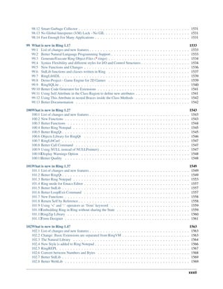 98.12 Smart Garbage Collector . . . . . . . . . . . . . . . . . . . . . . . . . . . . . . . . . . . . . . . . . 1531
98.13 No Global Interpreter (VM) Lock - No GIL . . . . . . . . . . . . . . . . . . . . . . . . . . . . . . . 1531
98.14 Fast Enough For Many Applications . . . . . . . . . . . . . . . . . . . . . . . . . . . . . . . . . . . 1531
99 What is new in Ring 1.1? 1533
99.1 List of changes and new features . . . . . . . . . . . . . . . . . . . . . . . . . . . . . . . . . . . . . 1533
99.2 Better Natural Language Programming Support . . . . . . . . . . . . . . . . . . . . . . . . . . . . . 1533
99.3 Generate/Execute Ring Object Files (*.ringo) . . . . . . . . . . . . . . . . . . . . . . . . . . . . . . 1534
99.4 Syntax Flexibility and different styles for I/O and Control Structures . . . . . . . . . . . . . . . . . . 1534
99.5 New Functions and Changes . . . . . . . . . . . . . . . . . . . . . . . . . . . . . . . . . . . . . . . 1536
99.6 StdLib functions and classes written in Ring . . . . . . . . . . . . . . . . . . . . . . . . . . . . . . 1537
99.7 RingLibSDL . . . . . . . . . . . . . . . . . . . . . . . . . . . . . . . . . . . . . . . . . . . . . . . 1539
99.8 Demo Project - Game Engine for 2D Games . . . . . . . . . . . . . . . . . . . . . . . . . . . . . . 1539
99.9 RingSQLite . . . . . . . . . . . . . . . . . . . . . . . . . . . . . . . . . . . . . . . . . . . . . . . . 1540
99.10 Better Code Generator for Extensions . . . . . . . . . . . . . . . . . . . . . . . . . . . . . . . . . . 1541
99.11 Using Self.Attribute in the Class Region to define new attributes . . . . . . . . . . . . . . . . . . . . 1541
99.12 Using This.Attribute in nested Braces inside the Class Methods . . . . . . . . . . . . . . . . . . . . 1542
99.13 Better Documentation . . . . . . . . . . . . . . . . . . . . . . . . . . . . . . . . . . . . . . . . . . 1542
100What is new in Ring 1.2? 1543
100.1 List of changes and new features . . . . . . . . . . . . . . . . . . . . . . . . . . . . . . . . . . . . . 1543
100.2 New Functions . . . . . . . . . . . . . . . . . . . . . . . . . . . . . . . . . . . . . . . . . . . . . . 1543
100.3 Better Functions . . . . . . . . . . . . . . . . . . . . . . . . . . . . . . . . . . . . . . . . . . . . . 1544
100.4 Better Ring Notepad . . . . . . . . . . . . . . . . . . . . . . . . . . . . . . . . . . . . . . . . . . . 1545
100.5 Better RingQt . . . . . . . . . . . . . . . . . . . . . . . . . . . . . . . . . . . . . . . . . . . . . . . 1545
100.6 Objects Library for RingQt . . . . . . . . . . . . . . . . . . . . . . . . . . . . . . . . . . . . . . . 1546
100.7 RingLibCurl . . . . . . . . . . . . . . . . . . . . . . . . . . . . . . . . . . . . . . . . . . . . . . . 1547
100.8 Better Call Command . . . . . . . . . . . . . . . . . . . . . . . . . . . . . . . . . . . . . . . . . . 1547
100.9 Using NULL instead of NULLPointer() . . . . . . . . . . . . . . . . . . . . . . . . . . . . . . . . . 1547
100.10Display Warnings Option . . . . . . . . . . . . . . . . . . . . . . . . . . . . . . . . . . . . . . . . 1548
100.11Better Quality . . . . . . . . . . . . . . . . . . . . . . . . . . . . . . . . . . . . . . . . . . . . . . 1548
101What is new in Ring 1.3? 1549
101.1 List of changes and new features . . . . . . . . . . . . . . . . . . . . . . . . . . . . . . . . . . . . . 1549
101.2 Better RingQt . . . . . . . . . . . . . . . . . . . . . . . . . . . . . . . . . . . . . . . . . . . . . . . 1549
101.3 Better Ring Notepad . . . . . . . . . . . . . . . . . . . . . . . . . . . . . . . . . . . . . . . . . . . 1553
101.4 Ring mode for Emacs Editor . . . . . . . . . . . . . . . . . . . . . . . . . . . . . . . . . . . . . . . 1557
101.5 Better StdLib . . . . . . . . . . . . . . . . . . . . . . . . . . . . . . . . . . . . . . . . . . . . . . . 1557
101.6 Better Loop|Exit Command . . . . . . . . . . . . . . . . . . . . . . . . . . . . . . . . . . . . . . . 1557
101.7 New Functions . . . . . . . . . . . . . . . . . . . . . . . . . . . . . . . . . . . . . . . . . . . . . . 1558
101.8 Return Self by Reference . . . . . . . . . . . . . . . . . . . . . . . . . . . . . . . . . . . . . . . . . 1558
101.9 Using ‘<’ and ‘:’ operators as ‘from’ keyword . . . . . . . . . . . . . . . . . . . . . . . . . . . . . 1559
101.10Embedding Ring in Ring without sharing the State . . . . . . . . . . . . . . . . . . . . . . . . . . . 1559
101.11RingZip Library . . . . . . . . . . . . . . . . . . . . . . . . . . . . . . . . . . . . . . . . . . . . . 1560
101.12Form Designer . . . . . . . . . . . . . . . . . . . . . . . . . . . . . . . . . . . . . . . . . . . . . . 1561
102What is new in Ring 1.4? 1563
102.1 List of changes and new features . . . . . . . . . . . . . . . . . . . . . . . . . . . . . . . . . . . . . 1563
102.2 Change: Basic Extensions are separated from RingVM . . . . . . . . . . . . . . . . . . . . . . . . . 1563
102.3 The Natural Library . . . . . . . . . . . . . . . . . . . . . . . . . . . . . . . . . . . . . . . . . . . 1564
102.4 New Style is added to Ring Notepad . . . . . . . . . . . . . . . . . . . . . . . . . . . . . . . . . . . 1566
102.5 RingREPL . . . . . . . . . . . . . . . . . . . . . . . . . . . . . . . . . . . . . . . . . . . . . . . . 1567
102.6 Convert between Numbers and Bytes . . . . . . . . . . . . . . . . . . . . . . . . . . . . . . . . . . 1568
102.7 Better StdLib . . . . . . . . . . . . . . . . . . . . . . . . . . . . . . . . . . . . . . . . . . . . . . . 1569
102.8 Better WebLib . . . . . . . . . . . . . . . . . . . . . . . . . . . . . . . . . . . . . . . . . . . . . . 1569
xxxii
 