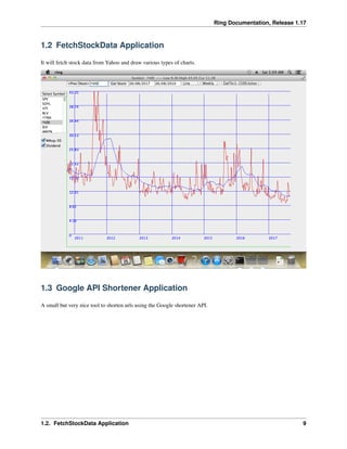 Ring Documentation, Release 1.17
1.2 FetchStockData Application
It will fetch stock data from Yahoo and draw various types of charts.
1.3 Google API Shortener Application
A small but very nice tool to shorten urls using the Google shortener API.
1.2. FetchStockData Application 9
 