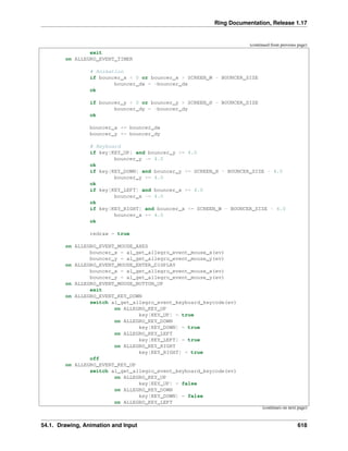 Ring Documentation, Release 1.17
(continued from previous page)
exit
on ALLEGRO_EVENT_TIMER
# Animation
if bouncer_x < 0 or bouncer_x > SCREEN_W - BOUNCER_SIZE
bouncer_dx = -bouncer_dx
ok
if bouncer_y < 0 or bouncer_y > SCREEN_H - BOUNCER_SIZE
bouncer_dy = -bouncer_dy
ok
bouncer_x += bouncer_dx
bouncer_y += bouncer_dy
# Keyboard
if key[KEY_UP] and bouncer_y >= 4.0
bouncer_y -= 4.0
ok
if key[KEY_DOWN] and bouncer_y <= SCREEN_H - BOUNCER_SIZE - 4.0
bouncer_y += 4.0
ok
if key[KEY_LEFT] and bouncer_x >= 4.0
bouncer_x -= 4.0
ok
if key[KEY_RIGHT] and bouncer_x <= SCREEN_W - BOUNCER_SIZE - 4.0
bouncer_x += 4.0
ok
redraw = true
on ALLEGRO_EVENT_MOUSE_AXES
bouncer_x = al_get_allegro_event_mouse_x(ev)
bouncer_y = al_get_allegro_event_mouse_y(ev)
on ALLEGRO_EVENT_MOUSE_ENTER_DISPLAY
bouncer_x = al_get_allegro_event_mouse_x(ev)
bouncer_y = al_get_allegro_event_mouse_y(ev)
on ALLEGRO_EVENT_MOUSE_BUTTON_UP
exit
on ALLEGRO_EVENT_KEY_DOWN
switch al_get_allegro_event_keyboard_keycode(ev)
on ALLEGRO_KEY_UP
key[KEY_UP] = true
on ALLEGRO_KEY_DOWN
key[KEY_DOWN] = true
on ALLEGRO_KEY_LEFT
key[KEY_LEFT] = true
on ALLEGRO_KEY_RIGHT
key[KEY_RIGHT] = true
off
on ALLEGRO_EVENT_KEY_UP
switch al_get_allegro_event_keyboard_keycode(ev)
on ALLEGRO_KEY_UP
key[KEY_UP] = false
on ALLEGRO_KEY_DOWN
key[KEY_DOWN] = false
on ALLEGRO_KEY_LEFT
(continues on next page)
54.1. Drawing, Animation and Input 618
 