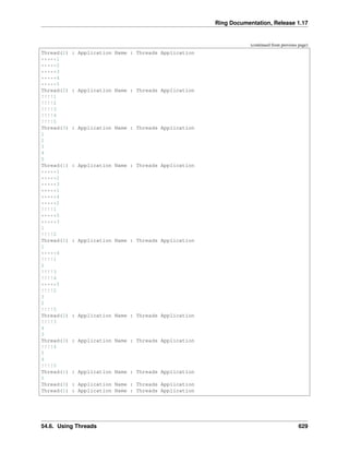 Ring Documentation, Release 1.17
(continued from previous page)
Thread(2) : Application Name : Threads Application
*****1
*****2
*****3
*****4
*****5
Thread(2) : Application Name : Threads Application
!!!!1
!!!!2
!!!!3
!!!!4
!!!!5
Thread(3) : Application Name : Threads Application
1
2
3
4
5
Thread(1) : Application Name : Threads Application
*****1
*****2
*****3
*****1
*****4
*****2
!!!!1
*****5
*****3
1
!!!!2
Thread(2) : Application Name : Threads Application
1
*****4
!!!!1
2
!!!!3
!!!!4
*****5
!!!!2
3
2
!!!!5
Thread(2) : Application Name : Threads Application
!!!!3
4
3
Thread(3) : Application Name : Threads Application
!!!!4
5
4
!!!!5
Thread(1) : Application Name : Threads Application
5
Thread(3) : Application Name : Threads Application
Thread(1) : Application Name : Threads Application
54.6. Using Threads 629
 