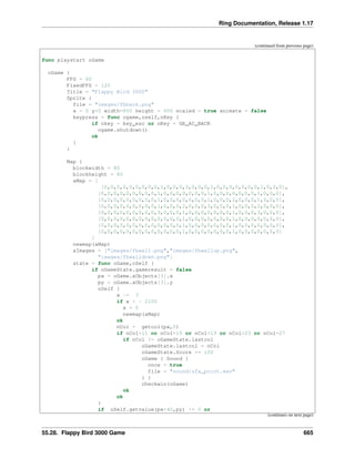Ring Documentation, Release 1.17
(continued from previous page)
func playstart oGame
oGame {
FPS = 60
FixedFPS = 120
Title = "Flappy Bird 3000"
Sprite {
file = "images/fbback.png"
x = 0 y=0 width=800 height = 600 scaled = true animate = false
keypress = func ogame,oself,nKey {
if nkey = key_esc or nKey = GE_AC_BACK
ogame.shutdown()
ok
}
}
Map {
blockwidth = 80
blockheight = 80
aMap = [
[0,0,0,0,0,0,0,0,0,1,0,0,0,3,0,0,0,1,0,0,0,0,0,0,0,1,0,0,0],
[0,0,0,0,0,0,0,0,0,1,0,0,0,0,0,0,0,1,0,0,0,0,0,0,0,1,0,0,0],
[0,0,0,0,0,0,0,0,0,1,0,0,0,0,0,0,0,1,0,0,0,2,0,0,0,1,0,0,0],
[0,0,0,0,0,0,0,0,0,1,0,0,0,2,0,0,0,3,0,0,0,1,0,0,0,1,0,0,0],
[0,0,0,0,0,0,0,0,0,3,0,0,0,1,0,0,0,0,0,0,0,1,0,0,0,3,0,0,0],
[0,0,0,0,0,0,0,0,0,0,0,0,0,1,0,0,0,0,0,0,0,1,0,0,0,0,0,0,0],
[0,0,0,0,0,0,0,0,0,0,0,0,0,1,0,0,0,0,0,0,0,1,0,0,0,0,0,0,0],
[0,0,0,0,0,0,0,0,0,0,0,0,0,1,0,0,0,0,0,0,0,1,0,0,0,0,0,0,0]
]
newmap(aMap)
aImages = ["images/fbwall.png","images/fbwallup.png",
"images/fbwalldown.png"]
state = func oGame,oSelf {
if oGameState.gameresult = false
px = oGame.aObjects[3].x
py = oGame.aObjects[3].y
oSelf {
x -= 3
if x < - 2100
x = 0
newmap(aMap)
ok
nCol = getcol(px,0)
if nCol=11 or nCol=15 or nCol=19 or nCol=23 or nCol=27
if nCol != oGameState.lastcol
oGameState.lastcol = nCol
oGameState.Score += 100
oGame { Sound {
once = true
file = "sound/sfx_point.wav"
} }
checkwin(oGame)
ok
ok
}
if oSelf.getvalue(px+40,py) != 0 or
(continues on next page)
55.28. Flappy Bird 3000 Game 665
 