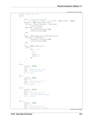 Ring Documentation, Release 1.17
(continued from previous page)
title = "Super Man 2016"
sprite
{
file = "images/superman.jpg"
x = 0 y=0 width=800 height = 600 scaled = true animate = false
keypress = func ogame,oself,nKey {
if nkey = key_esc or nKey = GE_AC_BACK
ogame.shutdown()
but nKey = key_space
oGameState.startplay=true
ogame.shutdown=true
ok
}
mouse = func ogame,oself,nType,aMouseList {
if nType = GE_MOUSE_UP
oGameState.startplay=true
ogame.shutdown=true
ok
}
state = func ogame,oself {
oself {
if x > -500
x-=1
y-=1
width +=1
height +=4
ok
}
}
}
text {
animate = false
size = 35
file = "fonts/pirulen.ttf"
text = "Super Man 2016"
x = 20 y=30
}
text {
animate = false
size = 25
file = "fonts/pirulen.ttf"
text = "Version 1.0"
x = 20 y=80
}
text {
animate = false
size = 16
file = "fonts/pirulen.ttf"
text = "(C) 2016, Mahmoud Fayed"
x = 20 y=120
}
text {
animate = false
size = 25
file = "fonts/pirulen.ttf"
text = "Press Space to start"
(continues on next page)
55.29. Super Man 2016 Game 670
 