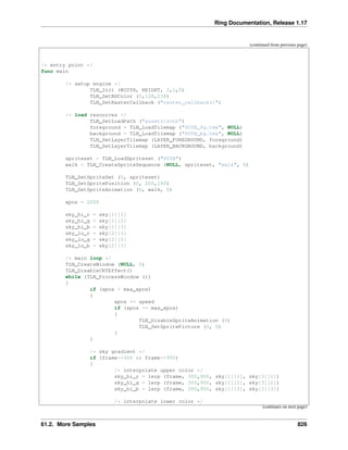 Ring Documentation, Release 1.17
(continued from previous page)
/* entry point */
func main
/* setup engine */
TLN_Init (WIDTH, HEIGHT, 2,1,0)
TLN_SetBGColor (0,128,238)
TLN_SetRasterCallback ("raster_callback()")
/* load resources */
TLN_SetLoadPath ("assets/sotb")
foreground = TLN_LoadTilemap ("SOTB_fg.tmx", NULL)
background = TLN_LoadTilemap ("SOTB_bg.tmx", NULL)
TLN_SetLayerTilemap (LAYER_FOREGROUND, foreground)
TLN_SetLayerTilemap (LAYER_BACKGROUND, background)
spriteset = TLN_LoadSpriteset ("SOTB")
walk = TLN_CreateSpriteSequence (NULL, spriteset, "walk", 6)
TLN_SetSpriteSet (0, spriteset)
TLN_SetSpritePosition (0, 200,160)
TLN_SetSpriteAnimation (0, walk, 0)
xpos = 2000
sky_hi_r = sky[1][1]
sky_hi_g = sky[1][2]
sky_hi_b = sky[1][3]
sky_lo_r = sky[2][1]
sky_lo_g = sky[2][2]
sky_lo_b = sky[2][3]
/* main loop */
TLN_CreateWindow (NULL, 0)
TLN_DisableCRTEffect()
while (TLN_ProcessWindow ())
{
if (xpos < max_xpos)
{
xpos += speed
if (xpos >= max_xpos)
{
TLN_DisableSpriteAnimation (0)
TLN_SetSpritePicture (0, 0)
}
}
/* sky gradient */
if (frame>=300 && frame<=900)
{
/* interpolate upper color */
sky_hi_r = lerp (frame, 300,900, sky[1][1], sky[3][1])
sky_hi_g = lerp (frame, 300,900, sky[1][2], sky[3][2])
sky_hi_b = lerp (frame, 300,900, sky[1][3], sky[3][3])
/* interpolate lower color */
(continues on next page)
61.2. More Samples 826
 
