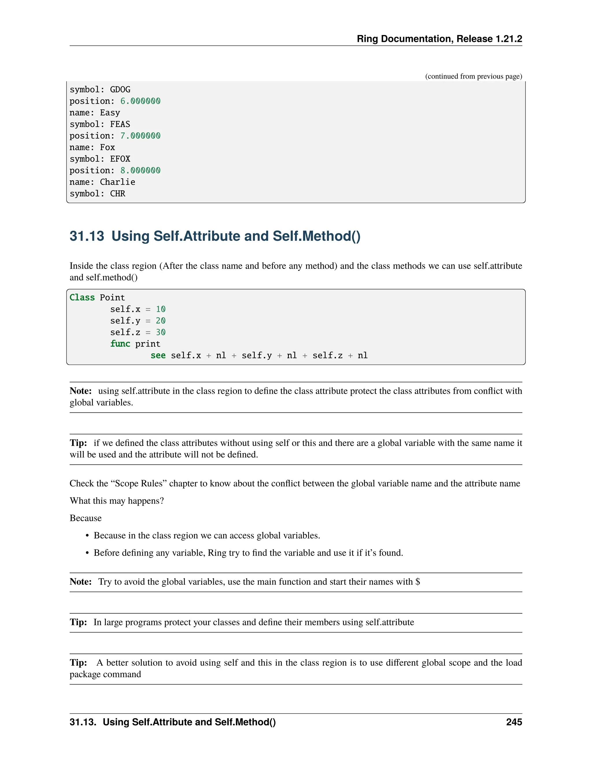 Ring Documentation, Release 1.21.2 (continued from previous page) symbol: GDOG position: 6.000000 name: Easy symbol: FEAS position: 7.000000 name: Fox symbol: EFOX position: 8.000000 name: Charlie symbol: CHR 31.13 Using Self.Attribute and Self.Method() Inside the class region (After the class name and before any method) and the class methods we can use self.attribute and self.method() Class Point self.x = 10 self.y = 20 self.z = 30 func print see self.x + nl + self.y + nl + self.z + nl Note: using self.attribute in the class region to define the class attribute protect the class attributes from conflict with global variables. Tip: if we defined the class attributes without using self or this and there are a global variable with the same name it will be used and the attribute will not be defined. Check the “Scope Rules” chapter to know about the conflict between the global variable name and the attribute name What this may happens? Because • Because in the class region we can access global variables. • Before defining any variable, Ring try to find the variable and use it if it’s found. Note: Try to avoid the global variables, use the main function and start their names with $ Tip: In large programs protect your classes and define their members using self.attribute Tip: A better solution to avoid using self and this in the class region is to use different global scope and the load package command 31.13. Using Self.Attribute and Self.Method() 245 