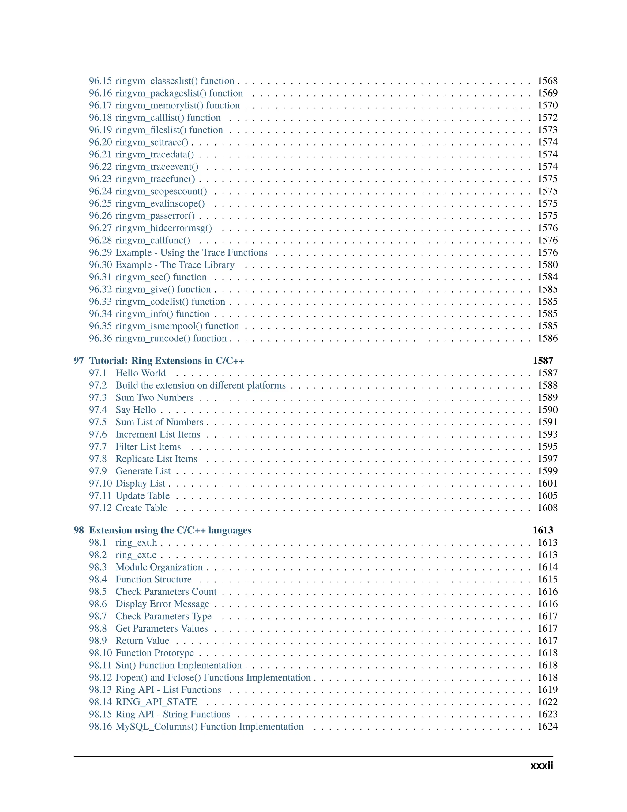 96.15 ringvm_classeslist() function . . . . . . . . . . . . . . . . . . . . . . . . . . . . . . . . . . . . . . . 1568 96.16 ringvm_packageslist() function . . . . . . . . . . . . . . . . . . . . . . . . . . . . . . . . . . . . . 1569 96.17 ringvm_memorylist() function . . . . . . . . . . . . . . . . . . . . . . . . . . . . . . . . . . . . . . 1570 96.18 ringvm_calllist() function . . . . . . . . . . . . . . . . . . . . . . . . . . . . . . . . . . . . . . . . 1572 96.19 ringvm_fileslist() function . . . . . . . . . . . . . . . . . . . . . . . . . . . . . . . . . . . . . . . . 1573 96.20 ringvm_settrace() . . . . . . . . . . . . . . . . . . . . . . . . . . . . . . . . . . . . . . . . . . . . . 1574 96.21 ringvm_tracedata() . . . . . . . . . . . . . . . . . . . . . . . . . . . . . . . . . . . . . . . . . . . . 1574 96.22 ringvm_traceevent() . . . . . . . . . . . . . . . . . . . . . . . . . . . . . . . . . . . . . . . . . . . 1574 96.23 ringvm_tracefunc() . . . . . . . . . . . . . . . . . . . . . . . . . . . . . . . . . . . . . . . . . . . . 1575 96.24 ringvm_scopescount() . . . . . . . . . . . . . . . . . . . . . . . . . . . . . . . . . . . . . . . . . . 1575 96.25 ringvm_evalinscope() . . . . . . . . . . . . . . . . . . . . . . . . . . . . . . . . . . . . . . . . . . 1575 96.26 ringvm_passerror() . . . . . . . . . . . . . . . . . . . . . . . . . . . . . . . . . . . . . . . . . . . . 1575 96.27 ringvm_hideerrormsg() . . . . . . . . . . . . . . . . . . . . . . . . . . . . . . . . . . . . . . . . . 1576 96.28 ringvm_callfunc() . . . . . . . . . . . . . . . . . . . . . . . . . . . . . . . . . . . . . . . . . . . . 1576 96.29 Example - Using the Trace Functions . . . . . . . . . . . . . . . . . . . . . . . . . . . . . . . . . . 1576 96.30 Example - The Trace Library . . . . . . . . . . . . . . . . . . . . . . . . . . . . . . . . . . . . . . 1580 96.31 ringvm_see() function . . . . . . . . . . . . . . . . . . . . . . . . . . . . . . . . . . . . . . . . . . 1584 96.32 ringvm_give() function . . . . . . . . . . . . . . . . . . . . . . . . . . . . . . . . . . . . . . . . . . 1585 96.33 ringvm_codelist() function . . . . . . . . . . . . . . . . . . . . . . . . . . . . . . . . . . . . . . . . 1585 96.34 ringvm_info() function . . . . . . . . . . . . . . . . . . . . . . . . . . . . . . . . . . . . . . . . . . 1585 96.35 ringvm_ismempool() function . . . . . . . . . . . . . . . . . . . . . . . . . . . . . . . . . . . . . . 1585 96.36 ringvm_runcode() function . . . . . . . . . . . . . . . . . . . . . . . . . . . . . . . . . . . . . . . . 1586 97 Tutorial: Ring Extensions in C/C++ 1587 97.1 Hello World . . . . . . . . . . . . . . . . . . . . . . . . . . . . . . . . . . . . . . . . . . . . . . . 1587 97.2 Build the extension on different platforms . . . . . . . . . . . . . . . . . . . . . . . . . . . . . . . . 1588 97.3 Sum Two Numbers . . . . . . . . . . . . . . . . . . . . . . . . . . . . . . . . . . . . . . . . . . . . 1589 97.4 Say Hello . . . . . . . . . . . . . . . . . . . . . . . . . . . . . . . . . . . . . . . . . . . . . . . . . 1590 97.5 Sum List of Numbers . . . . . . . . . . . . . . . . . . . . . . . . . . . . . . . . . . . . . . . . . . . 1591 97.6 Increment List Items . . . . . . . . . . . . . . . . . . . . . . . . . . . . . . . . . . . . . . . . . . . 1593 97.7 Filter List Items . . . . . . . . . . . . . . . . . . . . . . . . . . . . . . . . . . . . . . . . . . . . . 1595 97.8 Replicate List Items . . . . . . . . . . . . . . . . . . . . . . . . . . . . . . . . . . . . . . . . . . . 1597 97.9 Generate List . . . . . . . . . . . . . . . . . . . . . . . . . . . . . . . . . . . . . . . . . . . . . . . 1599 97.10 Display List . . . . . . . . . . . . . . . . . . . . . . . . . . . . . . . . . . . . . . . . . . . . . . . . 1601 97.11 Update Table . . . . . . . . . . . . . . . . . . . . . . . . . . . . . . . . . . . . . . . . . . . . . . . 1605 97.12 Create Table . . . . . . . . . . . . . . . . . . . . . . . . . . . . . . . . . . . . . . . . . . . . . . . 1608 98 Extension using the C/C++ languages 1613 98.1 ring_ext.h . . . . . . . . . . . . . . . . . . . . . . . . . . . . . . . . . . . . . . . . . . . . . . . . . 1613 98.2 ring_ext.c . . . . . . . . . . . . . . . . . . . . . . . . . . . . . . . . . . . . . . . . . . . . . . . . . 1613 98.3 Module Organization . . . . . . . . . . . . . . . . . . . . . . . . . . . . . . . . . . . . . . . . . . . 1614 98.4 Function Structure . . . . . . . . . . . . . . . . . . . . . . . . . . . . . . . . . . . . . . . . . . . . 1615 98.5 Check Parameters Count . . . . . . . . . . . . . . . . . . . . . . . . . . . . . . . . . . . . . . . . . 1616 98.6 Display Error Message . . . . . . . . . . . . . . . . . . . . . . . . . . . . . . . . . . . . . . . . . . 1616 98.7 Check Parameters Type . . . . . . . . . . . . . . . . . . . . . . . . . . . . . . . . . . . . . . . . . 1617 98.8 Get Parameters Values . . . . . . . . . . . . . . . . . . . . . . . . . . . . . . . . . . . . . . . . . . 1617 98.9 Return Value . . . . . . . . . . . . . . . . . . . . . . . . . . . . . . . . . . . . . . . . . . . . . . . 1617 98.10 Function Prototype . . . . . . . . . . . . . . . . . . . . . . . . . . . . . . . . . . . . . . . . . . . . 1618 98.11 Sin() Function Implementation . . . . . . . . . . . . . . . . . . . . . . . . . . . . . . . . . . . . . . 1618 98.12 Fopen() and Fclose() Functions Implementation . . . . . . . . . . . . . . . . . . . . . . . . . . . . . 1618 98.13 Ring API - List Functions . . . . . . . . . . . . . . . . . . . . . . . . . . . . . . . . . . . . . . . . 1619 98.14 RING_API_STATE . . . . . . . . . . . . . . . . . . . . . . . . . . . . . . . . . . . . . . . . . . . 1622 98.15 Ring API - String Functions . . . . . . . . . . . . . . . . . . . . . . . . . . . . . . . . . . . . . . . 1623 98.16 MySQL_Columns() Function Implementation . . . . . . . . . . . . . . . . . . . . . . . . . . . . . 1624 xxxii 