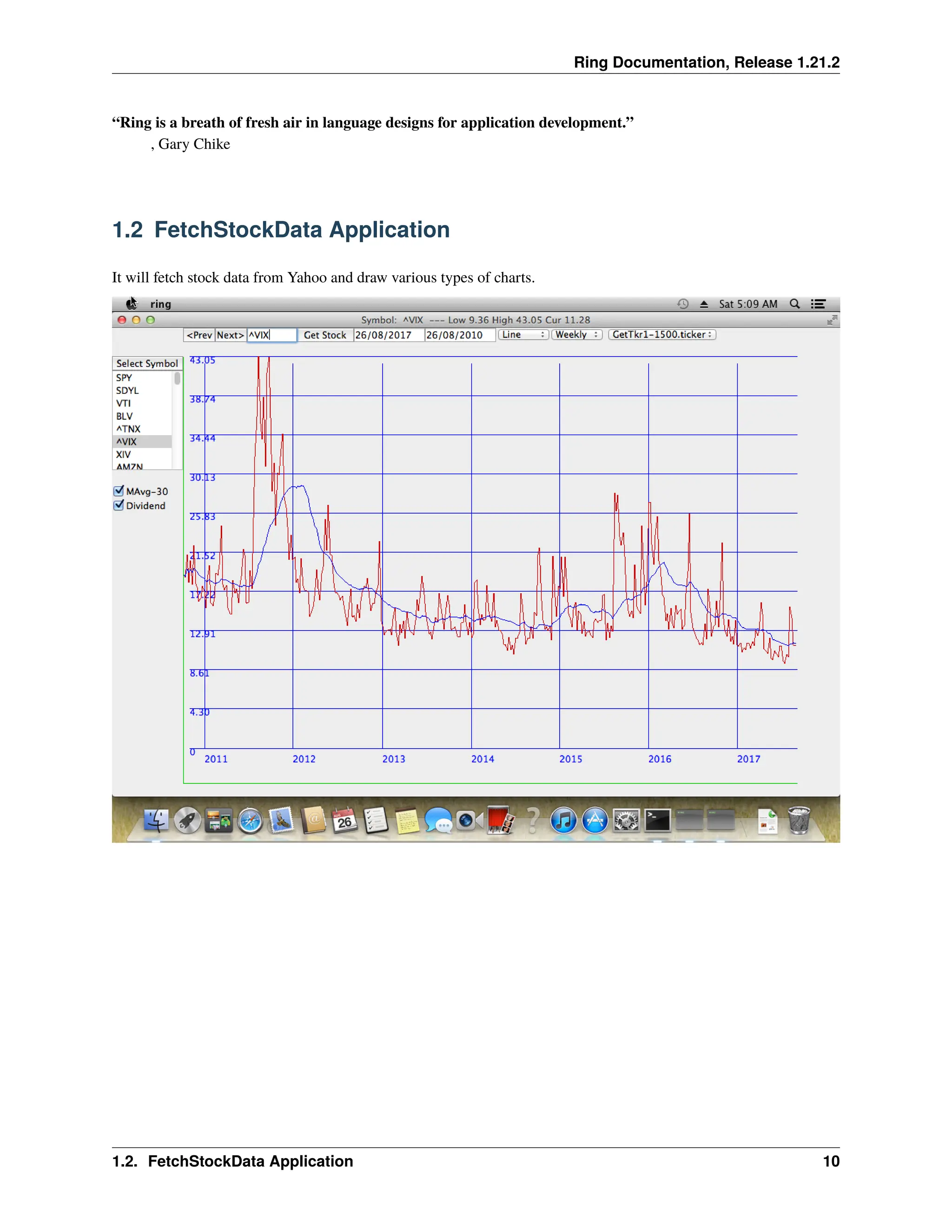 Ring Documentation, Release 1.21.2 “Ring is a breath of fresh air in language designs for application development.” , Gary Chike 1.2 FetchStockData Application It will fetch stock data from Yahoo and draw various types of charts. 1.2. FetchStockData Application 10 
