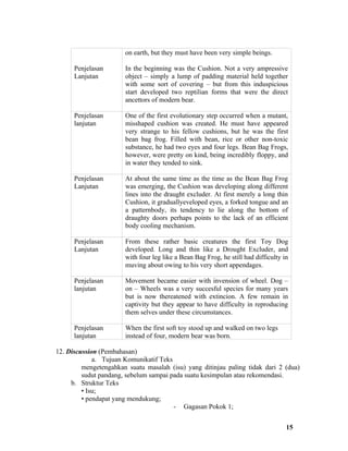 on earth, but they must have been very simple beings.

      Penjelasan       In the beginning was the Cushion. Not a very ampressive
      Lanjutan         object – simply a lump of padding material held together
                       with some sort of covering – but from this induspicious
                       start developed two reptilian forms that were the direct
                       ancettors of modern bear.

      Penjelasan       One of the first evolutionary step occurred when a mutant,
      lanjutan         misshaped cushion was created. He must have appeared
                       very strange to his fellow cushions, but he was the first
                       bean bag frog. Filled with bean, rice or other non-toxic
                       substance, he had two eyes and four legs. Bean Bag Frogs,
                       however, were pretty on kind, being incredibly floppy, and
                       in water they tended to sink.

      Penjelasan       At about the same time as the time as the Bean Bag Frog
      Lanjutan         was emerging, the Cushion was developing along different
                       lines into the draught excluder. At first merely a long thin
                       Cushion, it graduallyeveloped eyes, a forked tongue and an
                       a patternbody, its tendency to lie along the bottom of
                       draughty doors perhaps points to the lack of an efficient
                       body cooling mechanism.

      Penjelasan       From these rather basic creatures the first Toy Dog
      Lanjutan         developed. Long and thin like a Drought Excluder, and
                       with four leg like a Bean Bag Frog, he still had difficulty in
                       muving about owing to his very short appendages.

      Penjelasan       Movement became easier with invension of wheel. Dog –
      lanjutan         on – Wheels was a very succesful species for many years
                       but is now thereatened with extincion. A few remain in
                       captivity but they appear to have difficulty in reproducing
                       them selves under these circumstances.

      Penjelasan       When the first soft toy stood up and walked on two legs
      lanjutan         instead of four, modern bear was born.

12. Discussion (Pembahasan)
             a. Tujuan Komunikatif Teks
         mengetengahkan suatu masalah (isu) yang ditinjau paling tidak dari 2 (dua)
         sudut pandang, sebelum sampai pada suatu kesimpulan atau rekomendasi.
     b. Struktur Teks
         • Isu;
         • pendapat yang mendukung;
                                        - Gagasan Pokok 1;


                                                                                    15
 