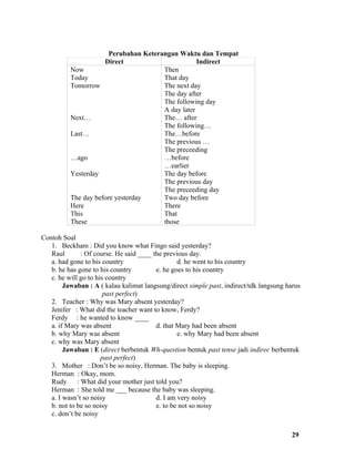 Perubahan Keterangan Waktu dan Tempat
                     Direct                        Indirect
          Now                          Then
          Today                        That day
          Tomorrow                     The next day
                                       The day after
                                       The following day
                                       A day later
          Next…                        The… after
                                       The following…
          Last…                        The…before
                                       The previous …
                                       The preceeding
          …ago                         …before
                                       …earlier
          Yesterday                    The day before
                                       The previous day
                                       The preceeding day
          The day before yesterday     Two day before
          Here                         There
          This                         That
          These                        those

Contoh Soal
   1. Beckham : Did you know what Fingo said yesterday?
   Raul        : Of course. He said ____ the previous day.
   a. had gone to his country                     d. he went to his country
   b. he has gone to his country          e. he goes to his country
   c. he will go to his country
        Jawaban : A ( kalau kalimat langsung/direct simple past, indirect/tdk langsung harus
                       past perfect)
   2. Teacher : Why was Mary absent yesterday?
   Jenifer : What did the teacher want to know, Ferdy?
   Ferdy : he wanted to know ____
   a. if Mary was absent                  d. that Mary had been absent
   b. why Mary was absent                         e. why Mary had been absent
   c. why was Mary absent
        Jawaban : E (direct berbentuk Wh-question bentuk past tense jadi indirec berbentuk
                      past perfect)
   3. Mother : Don’t be so noisy, Herman. The baby is sleeping.
   Herman : Okay, mom.
   Rudy      : What did your mother just told you?
   Herman : She told me ___ because the baby was sleeping.
   a. I wasn’t so noisy                   d. I am very noisy
   b. not to be so noisy                  e. to be not so noisy
   c. don’t be noisy


                                                                                        29
 
