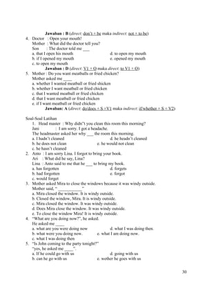 Jawaban : B (direct: don’t + be maka indirect: not + to be)
4. Doctor : Open your mouth!
   Mother : What did the doctor tell you?
   Son       : The doctor told me ___
   a. that I open his mouth                     d. to open my mouth
   b. if I opened my mouth                      e. opened my mouth
   c. to open my mouth
            Jawaban : D (direct: V1 + O maka direct: to V1 + O)
5. Mother : Do you want meatballs or fried chicken?
   Mother asked me ____
   a. whether I wanted meatball or fried shicken
   b. whether I want meatball or fried chicken
   c. that I wanted meatball or fried chicken
   d. that I want meatball or fried chicken
   e. if I want meatball or fried chicken
            Jawaban: A (direct: do/does + S +V1 maka indirect: if/whether + S + V2)

Soal-Soal Latihan
   1. Head master : Why didn”t you clean this room this morning?
   Jani           : I am sorry. I got a headache.
   The headmaster asked her why ___ the room this morning.
   a. I hadn’t cleaned                            d. he headn’t cleaned
   b. he does not clean                    e. he would not clean
   c. he hasn’t cleaned
2. Anto : I am sorry Lina. I forgot to bring your book.
   Ari : What did he say, Lina?
   Lina : Anto said to me that he ___ to bring my book.
   a. has forgotten                               d. forgets
   b. had forgotten                               e. forgot
   c. would forget
3. Mother asked Mira to close the windows because it was windy outside.
   Mother said, “ ___________”
   a. Mira closed the window. It is windy outside.
   b. Closed the window, Mira. It is windy outside.
   c. Mira closed the window. It was windy outside.
   d. Does Mira close the window. It was windy outside.
   e. To close the window Mira! It is windy outside.
4. “What are you doing now?”, he asked.
   He asked me ____
   a. what are you were doing now                 d. what I was doing then.
   b. what were you doing now.             e. what I am doing now.
   c. what I was doing then
5. “Is John coming to the party tonight?”
   “yes, he asked me ____”.
   a. If he could go with us                      d. going with us
   b. can he go with us                    e. wether he goes with us


                                                                                      30
 