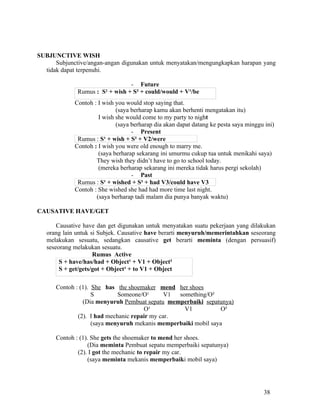 SUBJUNCTIVE WISH
      Subjunctive/angan-angan digunakan untuk menyatakan/mengungkapkan harapan yang
  tidak dapat terpenuhi.

                                 - Future
              Rumus : S¹ + wish + S² + could/would + V¹/be
             Contoh : I wish you would stop saying that.
                             (saya berharap kamu akan berhenti mengatakan itu)
                      I wish she would come to my party to night
                             (saya berharap dia akan dapat datang ke pesta saya minggu ini)
                                   - Present
              Rumus : S¹ + wish + S² + V2/were
             Contoh : I wish you were old enough to marry me.
                      (saya berharap sekarang ini umurmu cukup tua untuk menikahi saya)
                     They wish they didn’t have to go to school today.
                      (mereka berharap sekarang ini mereka tidak harus pergi sekolah)
                                   - Past
              Rumus : S¹ + wished + S² + had V3/could have V3
             Contoh : She wished she had had more time last night.
                     (saya berharap tadi malam dia punya banyak waktu)

CAUSATIVE HAVE/GET

       Causative have dan get digunakan untuk menyatakan suatu pekerjaan yang dilakukan
   orang lain untuk si Subjek. Causative have berarti menyuruh/memerintahkan seseorang
   melakukan sesuatu, sedangkan causative get berarti meminta (dengan persuasif)
   seseorang melakukan sesuatu.
                     Rumus Active
        S + have/has/had + Object¹ + V1 + Object²
        S + get/gets/got + Object¹ + to V1 + Object

      Contoh : (1). She has the shoemaker mend her shoes
                    S        Someone/O¹       V1 something/O²
                (Dia menyuruh Pembuat sepatu memperbaiki sepatunya)
                                      O¹           V1            O²
              (2). I had mechanic repair my car.
                    (saya menyuruh mekanis memperbaiki mobil saya

      Contoh : (1). She gets the shoemaker to mend her shoes.
                  (Dia meminta Pembuat sepatu memperbaiki sepatunya)
              (2). I got the mechanic to repair my car.
                  (saya meminta mekanis memperbaiki mobil saya)




                                                                                      38
 