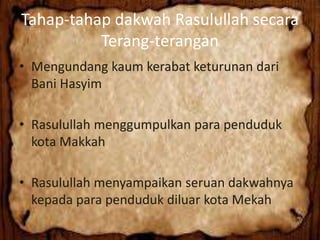 Tahap-tahap dakwah Rasulullah secara
Terang-terangan
• Mengundang kaum kerabat keturunan dari
Bani Hasyim
• Rasulullah menggumpulkan para penduduk
kota Makkah
• Rasulullah menyampaikan seruan dakwahnya
kepada para penduduk diluar kota Mekah
 