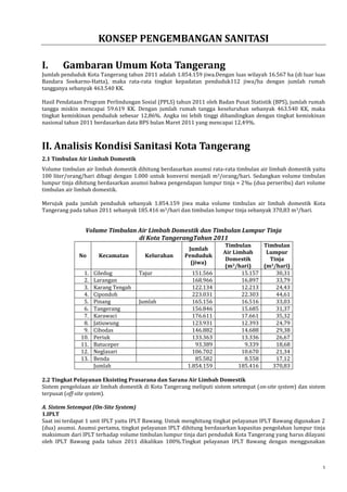 KONSEP PENGEMBANGAN SANITASI
I.

Gambaran Umum Kota Tangerang

Jumlah penduduk Kota Tangerang tahun 2011 adalah 1.854.159 jiwa.Dengan luas wilayah 16.567 ha (di luar luas
Bandara Soekarno-Hatta), maka rata-rata tingkat kepadatan penduduk112 jiwa/ha dengan jumlah rumah
tangganya sebanyak 463.540 KK.
Hasil Pendataan Program Perlindungan Sosial (PPLS) tahun 2011 oleh Badan Pusat Statistik (BPS), jumlah rumah
tangga miskin mencapai 59.619 KK. Dengan jumlah rumah tangga keseluruhan sebanyak 463.540 KK, maka
tingkat kemiskinan penduduk sebesar 12,86%. Angka ini lebih tinggi dibandingkan dengan tingkat kemiskinan
nasional tahun 2011 berdasarkan data BPS bulan Maret 2011 yang mencapai 12,49%.

II. Analisis Kondisi Sanitasi Kota Tangerang
2.1 Timbulan Air Limbah Domestik
Volume timbulan air limbah domestik dihitung berdasarkan asumsi rata-rata timbulan air limbah domestik yaitu
100 liter/orang/hari dibagi dengan 1.000 untuk konversi menjadi m3/orang/hari. Sedangkan volume timbulan
lumpur tinja dihitung berdasarkan asumsi bahwa pengendapan lumpur tinja = 2‰ (dua perseribu) dari volume
timbulan air limbah domestik.
Merujuk pada jumlah penduduk sebanyak 1.854.159 jiwa maka volume timbulan air limbah domestik Kota
Tangerang pada tahun 2011 sebanyak 185.416 m3/hari dan timbulan lumpur tinja sebanyak 370,83 m3/hari.

Volume Timbulan Air Limbah Domestik dan Timbulan Lumpur Tinja
di Kota TangerangTahun 2011
No
1.
2.
3.
4.
5.
6.
7.
8.
9.
10.
11.
12.
13.

Kecamatan

Jumlah
Penduduk
(jiwa)

Ciledug
Larangan
Karang Tengah
Cipondoh
Pinang
Tangerang
Karawaci
Jatiuwung
Cibodas
Periuk
Batuceper
Neglasari
Benda
Jumlah

151.566
168.966
122.134
223.031
165.156
156.846
176.611
123.931
146.882
133.363
93.389
106.702
85.582
1.854.159

Timbulan
Timbulan
Air Limbah
Lumpur
Domestik
Tinja
(m3/hari)
(m3/hari)
15.157
30,31
16.897
33,79
12.213
24,43
22.303
44,61
16.516
33,03
15.685
31,37
17.661
35,32
12.393
24,79
14.688
29,38
13.336
26,67
9.339
18,68
10.670
21,34
8.558
17,12
185.416
370,83

2.2 Tingkat Pelayanan Eksisting Prasarana dan Sarana Air Limbah Domestik
Sistem pengelolaan air limbah domestik di Kota Tangerang meliputi sistem setempat (on-site system) dan sistem
terpusat (off-site system).
A. Sistem Setempat (On-Site System)
1.IPLT
Saat ini terdapat 1 unit IPLT yaitu IPLT Bawang. Untuk menghitung tingkat pelayanan IPLT Bawang digunakan 2
(dua) asumsi. Asumsi pertama, tingkat pelayanan IPLT dihitung berdasarkan kapasitas pengolahan lumpur tinja
maksimum dari IPLT terhadap volume timbulan lumpur tinja dari penduduk Kota Tangerang yang harus dilayani
oleh IPLT Bawang pada tahun 2011 dikalikan 100%.Tingkat pelayanan IPLT Bawang dengan menggunakan

1

 