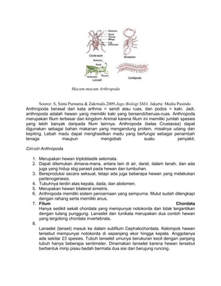 Macam-macam Arthropoda


       Source: S, Sinta Purnama & Zakrinals.2009.Jago Biologi SMA. Jakarta: Media Pusindo
Anthropoda berasal dari kata arthros = sendi atau ruas, dan podos = kaki. Jadi,
anthropoda adalah hewan yang memiliki kaki yang bersendi/beruas-ruas. Anthropoda
merupakan filum terbesar dari kingdom Animal karena filum ini memiliki jumlah spesies
yang lebih banyak daripada filum lainnya. Anthropoda (kelas Crustacea) dapat
digunakan sebagai bahan makanan yang mengandung protein, misalnya udang dan
kepiting. Lebah madu dapat menghasilkan madu yang berfungsi sebagai penambah
tenaga              maupun              mengobati               suatu             penyakit.

Ciri-ciri Anthropoda

   1. Merupakan hewan triploblastik selomata.
   2. Dapat ditemukan dimana-mana, antara lain di air, darat, dalam tanah, dan ada
      juga yang hidup sbg parasit pada hewan dan tumbuhan.
   3. Bereproduksi secara seksual, tetapi ada juga beberapa hewan yang melakukan
      partenogenesis.
   4. Tubuhnya terdiri atas kepala, dada, dan abdomen.
   5. Merupakan hewan bilateral simetris.
   6. Anthropoda memiliki sistem pencernaan yang sempurna. Mulut sudah dilengkapi
      dengan rahang serta memiliki anus.
   7. Filum                                                              Chordata
      Hanya sedikit sekali chordata yang mempunyai notokorda dan tidak tergantikan
      dengan tulang punggung. Lanselet dan tunikata merupakan dua contoh hewan
      yang tergolong chordata invertebrata.
   8.
      Lanselet (lanset) masuk ke dalam subfilum Cephalochordata. Kelompok hewan
      tersebut mempunyai notokorda di sepanjang ekor hingga kepala. Anggotanya
      ada sekitar 23 spesies. Tubuh lanselet umunya berukuran kecil dengan panjang
      tubuh hanya beberapa sentimeter. Dinamakan lanselet karena hewan tersebut
      berbentuk mirip pisau bedah bermata dua sisi dan berujung runcing.
 
