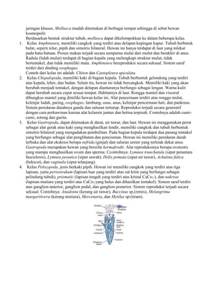 jaringan khusus. Mollusca mudah ditemukan di berbagai tempat sehingga di sebut hewan
     kosmopolit.
     Berdasarkan bentuk struktur tubuh, mollusca dapat dikelompokkan ke dalam beberapa kelas.
1.    Kelas Amphineura, memiliki cangkok yang terdiri atas delapan kepingan kapur. Tubuh berbntuk
     bulat, seperti telur, pipih dan simetris bilateral. Hewan ini hanya terdapat di laut yang mlekat
     pada batu-batuan. Proses makan terjadi secara sempurna mulai dari mulut dan berakhir di anus.
     Radula (lidah mulut) terdapat di bagian kepala yang melengkapi struktur mulut, tidak
     bertentakel, dan tidak memiliki mata. Amphineura bereproduksi secara seksual. Sistem saraf
     terdiri dari dinding esophagus.
     Contoh dari kelas ini adalah: Chiton dan Caetopleura apiculata.
2.    Kelas Chepalopoda, memiliki kaki di bagian kepala. Tubuh berbentuk gelondong yang terdiri
     atas kepala, leher, dan badan. Selain itu, hewan ini tidak bercangkok. Memiliki kaki yang akan
     berubah menjadi tentakel, dengan delapan diantaranya berfungsi sebagai lengan. Warna kulit
     dapat berubah secara cepat sesuai tempat. Habitatnya di laut. Rongga mantel dan visceral
     dibungkus mantel yang dimiliki hewan kelas ini. Alat pencernaan terdiri atas rongga mulut,
     kelenjar ludah, paring, esophagus, lambung, usus, anus, kelenjar pencernaan hati, dan pankreas.
     Sistem peredaran darahnya ganda dan saluran tertutup. Reproduksi terjadi secara generatif
     dengan cara perkawinan karena alat kelamin jantan dan betina terpisah. Contohnya adalah cumi-
     cumi, sotong dan gurita.
3.    Kelas Gastropoda, dapat ditemukan di darat, air tawar, dan laut. Hewan ini menggunakan perut
     sebagai alat gerak atau kaki yang menghasilkan lendir, memiliki cangkok dan tubuh berbentuk
     simetris bilateral yang mengadakan pembelitan. Pada bagian kepala terdapat dua pasang tentakel
     yang berfungsi sebagai alat penglihatan dan penciuman. Hewan ini memiliki peredaran darah
     terbuka dan alat ekskresi berupa nefrida (ginjal) dan saluran ureter yang terletak dekat anus.
     Gastropoda merupakan hewan yang bersifat hermafrodit. Alat reproduksinya berupa ovotestis
     yang mampu menghasilkan ovum dan sperma. Ccontohnya: Lymnea trunchatula (siput perantara
     fasciolosis), Lymnea javanica (siput sawah), Helix pomata (siput air tawar), Achatina fulica
     (bekicot), dan vaginula (siput telanjang).
4.    Kelas Pelecypoda, jenis berkaki pipih. Hewan ini memiliki cangkok yang terdiri atas tiga
     lapisan, yaitu periostrakum (lapisan luar yang terdiri atas zat kitin yang berfungsi sebagai
     pelindung tubuh), prismatic (lapisan tengah yang terdiri atas kristal CaCo3 ), dan nakreas
     (lapisan mutiara yang terdiri atas CaCo3 yang halus dan dihasilkan tentakel). Sistem saraf terdiri
     atas ganglion anterior, ganglion pedal, dan ganglion posterior. Sistem reproduksi terjadi secara
     seksual. Contohnya: Anadonta (kerang air tawar), Buccinus sp.(remis), Melangrima
     margaritivera (kerang mutiara), Mercenaria, dan Mytilus sp.(tiram).
 