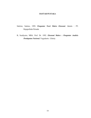 DAFTAR PUSTAKA
Sukirno, Sadono, 1999. Pengantar Teori Makro Ekonomi. Jakarta : PT.
Rajagrafindo Persada
R, Soediyono, MBA. Prof. Dr. 1992. Ekonomi Makro : Pengantar Analisis
Pendapatan Nasional. Yogyakarta : Liberty
14
 