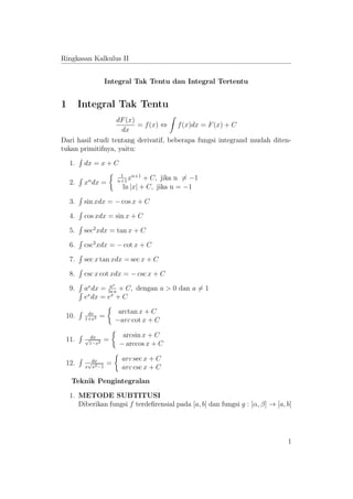 Ringkasan Kalkulus II
Integral Tak Tentu dan Integral Tertentu
1 Integral Tak Tentu
dF(x)
dx
= f(x) ⇔ f(x)dx = F(x) + C
Dari hasil studi tentang derivatif, beberapa fungsi integrand mudah diten-
tukan primitifnya, yaitu:
1. dx = x + C
2. xn
dx =
1
n+1
xn+1
+ C, jika n = −1
ln |x| + C, jika n = −1
3. sin xdx = − cos x + C
4. cos xdx = sin x + C
5. sec2
xdx = tan x + C
6. csc2
xdx = − cot x + C
7. sec x tan xdx = sec x + C
8. csc x cot xdx = − csc x + C
9. ax
dx = ax
ln a
+ C, dengan a > 0 dan a = 1
ex
dx = ex
+ C
10. dx
1+x2 =
arctan x + C
−arc cot x + C
11. dx√
1−x2 =
arcsin x + C
− arccos x + C
12. dx
x
√
x2−1
=
arc sec x + C
arc csc x + C
Teknik Pengintegralan
1. METODE SUBTITUSI
Diberikan fungsi f terdeﬁrensial pada [a, b] dan fungsi g : [α, β] → [a, b]
1
 