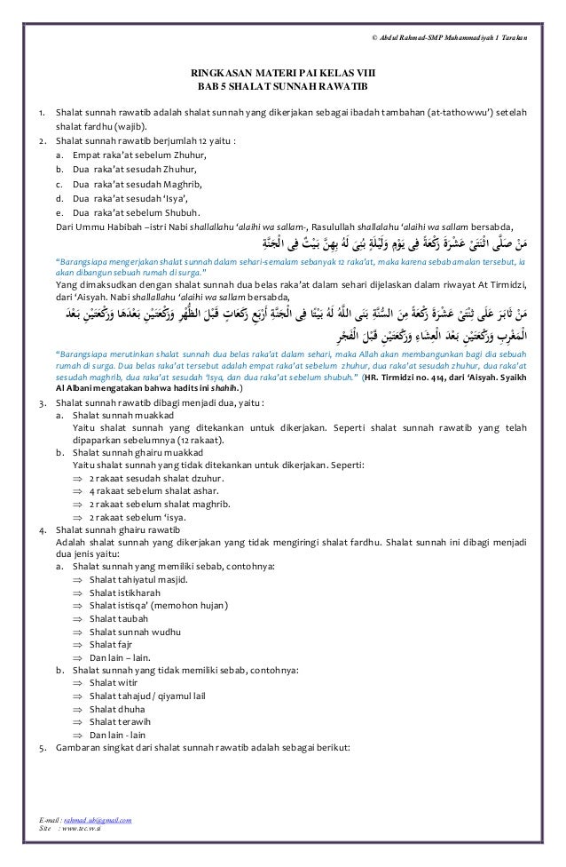 Ringkasan Materi PAI Kelas 8 Bab 5 Shalat Sunnah Rawatib