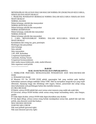 MENERAPKAN NILAI DAN MACAM-MACAM NORMA DI LINGKUNGAN KELUARGA,
SEKOLAH DAN MASYARAKAT
1. PRAKTEK PENERAPAN BERBAGAI NORMA DALAM KELUARGA SEKOLAH DAN
MASYARAKAT
NORMA AGAMA
Dalam keluarga, sekolah dan masayarakat
NORMA KESUSIALAAN
Dalam keluarga sekolah dan masyarakat
NORMA KESOPANAN
Dalam keluarga, semkolah dan masyarakat
NORMA HUKUM
Dalam keluarga sekolah dan masyarakat
2. CARA MENANAMKAN NORMA DALAM KELUARGA SEKOLAH DAN
MASYARAKAT
Keteladanan dari orang tua, guru, pemimpin
Bimbingan dan penyuluhan
Jalur keluarga
Jalur sekolah
Jalur masyarakat,
1.RT, RW, Kelurahan
2.organisasi kepemudaan
3.pramuka, Karang Taruna
4.organisasi kemasyarakatan
Jalur media massa (elektronik, cetak, media hiburan)
Jalur organisasi sosal politik
---------------------------
BAB III
HAK ASASI MANUSIA DAN IMPLIKASINYA
1. INDIKATOR PERTAMA MENGANALISIS PENGERTIAN DAN MACAM-MACAM
HAM
A. PENGERTIAN HAM
Ø Menurut UU No 39/1999 HAM adalah seperangkat hak yang melekat pada hakikat
keberadaan manusia sebagai makhluk Tuhan YME. Hak itu merupakan anugerah-nya yang wajib
dihormati, dijunjung tinggi dan dilindungi oleh negara, hukum, pemerintah dan setiap orang
demi kehormatan serta perlidungan harkat dan martabat manusia..
Ø CIRI-CIRI HAM
Ø Hakiki, artinya HAM adalah hak azazi semua umat manusia yang sudah ada sejak lahir.
Ø Universal, artinya HAM berlaku untuk semua orang tampa memandang status, suku bangsa,
gender
Ø Tidak dapat dicabut, artinya HAM tidak dapat diserahkan atau dicabut.
Ø Tak dapat dibagi, artinya semua orang berhak mendapatkan semua hak, apakah hak sipil dan
politik, atau ekonomi sosial dan budaya.
MACAM-MACAM HAM
HAM SECARA UMUM
Hak asasi pribadi (personal right)
Hak asasi ekonomi (poverty right)
 