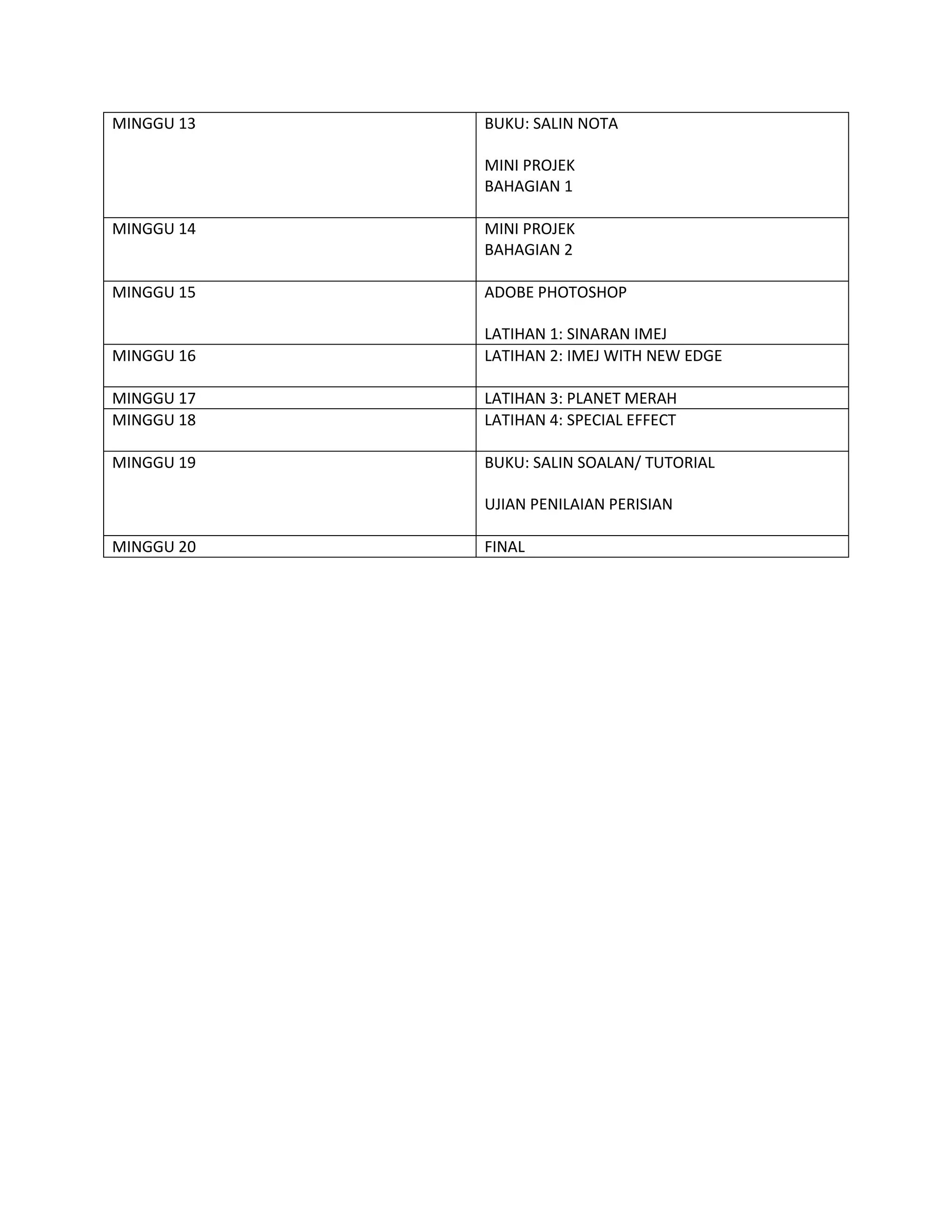 MINGGU 13

BUKU: SALIN NOTA
MINI PROJEK
BAHAGIAN 1

MINGGU 14

MINI PROJEK
BAHAGIAN 2

MINGGU 15

ADOBE PHOTOSHOP

MINGGU 16

LATIHAN 1: SINARAN IMEJ
LATIHAN 2: IMEJ WITH NEW EDGE

MINGGU 17
MINGGU 18

LATIHAN 3: PLANET MERAH
LATIHAN 4: SPECIAL EFFECT

MINGGU 19

BUKU: SALIN SOALAN/ TUTORIAL
UJIAN PENILAIAN PERISIAN

MINGGU 20

FINAL

 