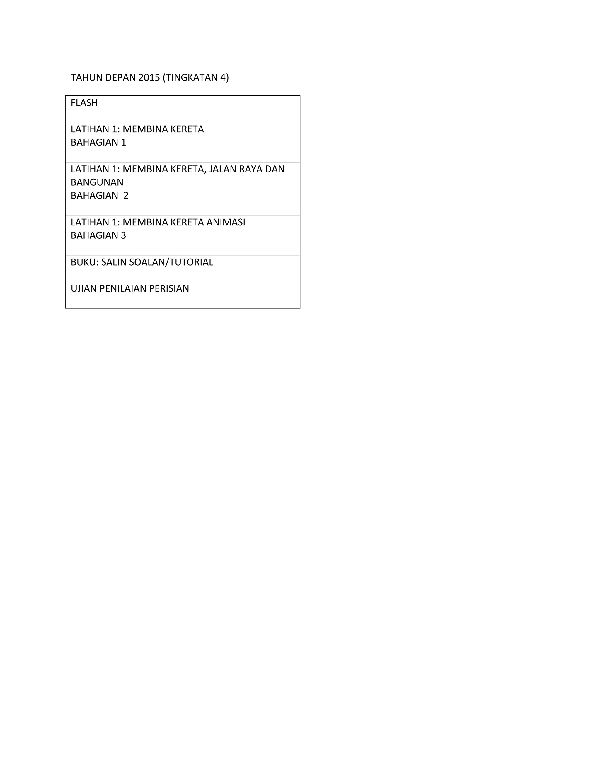 TAHUN DEPAN 2015 (TINGKATAN 4)
FLASH
LATIHAN 1: MEMBINA KERETA
BAHAGIAN 1
LATIHAN 1: MEMBINA KERETA, JALAN RAYA DAN
BANGUNAN
BAHAGIAN 2
LATIHAN 1: MEMBINA KERETA ANIMASI
BAHAGIAN 3
BUKU: SALIN SOALAN/TUTORIAL
UJIAN PENILAIAN PERISIAN

 