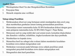 Analisis Data
1. Merekapitulasi Hasil Tes dan Mengidentifikasi Kesalahan
2. Penyajian Data
3. Menarik simpulan atau verifikasi
Tahap-tahap Penelitian
1. Melaksanakan observasi yang bertujuan untuk mendapatkan data awal yang
akan memberikan gambaran umum tentang permasalahan penelitian.
2. Menentukan materi matematika kelas XI IPA berdasarkan diskusi dengan guru
mata pelajaran matematika kelas XI IPA SMA Negeri 1 Pajar Bulan.
3. Menyusun soal tes yang terdiri dari soal uraian (esai), kemudian diujicobakan
dan dianalisis validitas, reliabilitas, tingkat kesukaran dan daya pembeda.
4. Memberikan tes kepada siswa.
5. Memeriksa hasil tes sebagai alat evaluasi dalam mendeteksi kesalahan-
kesalahan siswa dalam mengerjakan soal.
6. Melakukan wawancara pada beberapa siswa subjek penelitian untuk
mengetahui penyebab kesalahan siswa dalam mengerjakan soal.
7. Menganalisis data hasil penelitian.
 