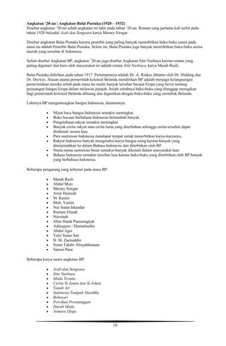 18
Angkatan ‘20-an | Angkatan Balai Pustaka (1920 – 1932)
Disebut angkatan ‘20-an sebab angkatan ini lahir pada tahun ’20-an. Roman yang pertama kali terbit pada
tahun 1920 berjudul Azab dan Sengsara karya Merary Siregar.
Disebut angkatan Balai Pustaka karena penerbit yang paling banyak menerbitkan buku-buku sastra pada
masa itu adalah Penerbit Balai Pustaka. Selain itu, Balai Pustaka juga banyak menerbitkan buku-buku sastra
daerah yang tersebar di Indonesia.
Selain disebut Angkatan BP, angkatan ’20-an juga disebut Angkatan Sitti Nurbaya karena roman yang
paling digemari dan laris oleh masyarakat ini adalah roman Sitti Nurbaya, karya Marah Rusli.
Balai Pustaka didirikan pada tahun 1917. Pemimpinnya adalah Dr. A. Rinkes dibantu oleh Dr. Hidding dan
Dr. Drewes. Alasan utama pemerintah kolonial Belanda mendirikan BP adalah menjaga kelangsungan
pemerintahan mereka sebab pada masa itu mulai banyak tersebar bacaan Eropa yang berisi tentang
perjuangan bangsa Eropa dalam melawan pejajah. Itulah sebabnya buku-buku yang dianggap merugikan
bagi pemerintah kolonial Belanda dibuang dan digantikan dengan buku-buku yang memihak Belanda.
Lahirnya BP menguntungkan bangsa Indonesia, diantaranya:
 Minat baca bangsa Indonesia semakin meningkat.
 Buku bacaan berbahasa Indonesia bertambah banyak.
 Pengetahuan rakyat semakin meningkat.
 Banyak cerita rakyat atau cerita lama yang diterbitkan sehingga cerita tersebut dapat
dinikmati secara luas.
 Para sastrawan Indonesia mendapat tempat untuk menerbitkan karya-karyanya.
 Rakyat Indonesia banyak mengetahui karya bangsa asing karena banyak yang
diterjemahkan ke dalam Bahasa Indonesia dan diterbitkan oleh BP.
 Nama-nama sastrawan besar semakin banyak dikenali dalam masyarakat luas.
 Bahasa Indonesia semakin tersebar luas karena buku-buku yang diterbitkan oleh BP banyak
yang berbahasa Indonesia.
Beberapa pengarang yang terkenal pada masa BP:
 Marah Rusli
 Abdul Muis
 Merary Siregar
 Amir Hamzah
 M. Kasim
 Moh. Yamin
 Nur Sutan Iskandar
 Rustam Efendi
 Nursinah
 Abas Datak Pamoengtjak
 Adinegoro / Djamaloedin
 Abdul Ager
 Tulis Sutan Sati
 H. M. Zaenuddin
 Sutan Takdir Alisyahbanana
 Sanusi Pane
Beberapa karya sastra angkatan BP:
 Azab dan Sengsara
 Sitti Nurbaya
 Muda Teruna
 Cerita Si Jamin dan Si Johan
 Tanah Air
 Indonesia Tumpah Darahku
 Bebasari
 Percikan Perenunggan
 Darah Muda
 Asmara Djaja
 