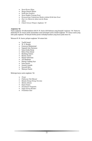 21
 Surat Kertas Hijau
 Bunga Rumah Makan
 Sedih dan Gembira
 Surat Singkat Tentang Essai
 Kesusastraan Undonesian Modern dalam Kritik dan Essai
 Dari Ave Maria ke Jalan Lain ke Roma
 Atheis
 Chairil Anwar Pelopor Angkatan ‘45
Angkatan ‘66
Nama angkatan ’66 dikemukakan oleh H. B. Jassin oleh bukunya yang berjudul Angkatan ’66. Nama itu
disberikan H. B. Jassin untuk menamakan suatu kelompok sastra setelah angkatan ’45. Karya sastra yang
lahir pada angkatan ’66 banyak berbau protes terhadap keadaan yang kacau pada masa itu.
Menurut H. B. Jassin, pelopor angkatan ’66 antara lain:
 Taufik Ismail
 W. S. Rendra
 Gunawan Muhammad
 Supandi Joko Darmono
 Satya Graha Hurip
 Bokor Huta Suhud
 Bambang Sularto
 Bastari Asmin
 Djamil Suherman
 Arif Budiman
 Hartojo Andang Jaya
 Isma Sawitri
 Jussach Ananda
 Suwardi Idris
 Mansyur Samin
Beberapa karya sastra angkatan ’66:
 Tirani
 Pahlawan Tak Dikenal
 Balada Orang-Orang Tercinta
 Malam Jahana
 Kapai-Kapai
 Perjalanan Pengantin
 Pagar Kawat Berduri
 Pelabuhan Hati
 