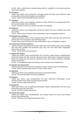 3
Contoh : Bila ia sudah berhasil mendaki karang terjal itu, sampailah ia di tepi pantai yang luas
dengan pasir putihnya
26. Pleonasme
Adalah gaya bahasa yang memberikan keterangan dengan kata-kata yang maknanya sudah
tercakup dalam kata yang diterangkan atau mendahului.
Contoh : Darah merah membasahi baju dan tubuhnya
27. Tautologi
Adalah gaya bahasa yang mengulang sebuah kata dalam kalimat atau mempergunakan kata-
kata yang diterangkan atau mendahului.
Contoh : Kejadian itu tidak saya inginkan dan tidak saya harapkan
28. Parifrasis
Adalah gaya bahasa yang menggantikan sebuah kata dengan frase atau serangkaian kata yang
sama artinya.
Contoh : Kedua orang itu bersama calon pembunuhnya segera meninggalkan tempat itu
29. Prolepsis atau Antisipasi
Adalah gaya bahasa dimana orang mempergunakan lebih dahulu kata-kata atau sebuah kata
sebelum peristiwa atau gagasan yang sebenarnya terjadi.
Contoh : Keua orang tua itu bersama calon pembunuhnya segera meninggalkan tempat itu.
30. Erotesis atau Pertanyaan Retoris
Adalah pernyataan yang dipergunakan dalam pidato atau tulisan dengan tujuan untuk mencapai
efek yang lebih mendalam dan penekanan yang wajar, dan sama sekali tidak menghendaki
adanya suatu jawaban.
Contoh : inikah yang kau namai bekerja?
31. Silepsis dan Zeugma
Adalah gaya dimana orang mempergunakan dua konstruksi rapatan dengan menghubungkan
sebuah kata dengan dua kata yang lain sebenarnya hanya salah satunya mempunyai hubungan
sebuah kata dengan dua kata yang lain sebenarnya hanya salah satunya mempunyai hubungan
dengan kata pertama.
Contoh : ia menundukkan kepala dan badannya untuk memberi hormat kepada kami.
32. Koreksio atau Epanortosis
Adalah gaya bahasa yang mula-mula menegaskan sesuatu, tetapi kemudian memperbaikinya.
Contoh : Silakan pulang saudara-saudara, eh maaf, silakan makan.
33. Hiperbola
Adalah gaya bahasa yang memberikan pernyataan yang berlebih-lebihan.
Contoh : Kita berjuang sampai titik darah penghabisan
34. Paradoks
Adalah gaya bahasa yang mengemukakan hal yang seolah-olah bertentangan, namun
sebenarnya tidak karena objek yang dikemukakan berbeda.
Contoh : Dia besar tetapi nyalinya kecil.
35. Oksimoron
adalah gaya bahasa yang mengandung pertentangan dengan mempergunakan kata-kata yang
berlawanan dalam frasa yang sama.
Contoh : Keramah-tamahan yang bengis
36. Asosiasi atau Simile
Adalah gaya bahasa yang membandingkan suatu dengan keadaan lain yang sesuai dengan
keadaan yang dilukiskannya.
Contoh : Pikirannya kusut bagai benang dilanda ayam
 