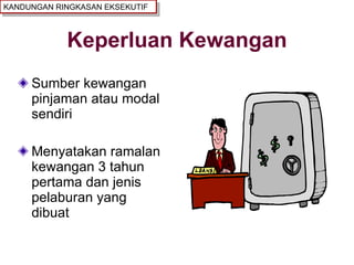 Keperluan Kewangan Sumber kewangan pinjaman atau modal sendiri Menyatakan ramalan kewangan 3 tahun pertama dan jenis pelaburan yang dibuat KANDUNGAN RINGKASAN EKSEKUTIF 