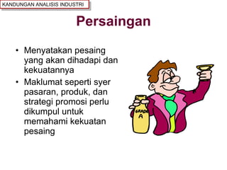 Persaingan Menyatakan pesaing yang akan dihadapi dan kekuatannya Maklumat seperti syer pasaran, produk, dan strategi promosi perlu dikumpul untuk memahami kekuatan pesaing KANDUNGAN ANALISIS INDUSTRI 