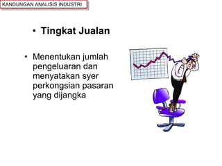 Tingkat Jualan Menentukan jumlah pengeluaran dan menyatakan syer perkongsian pasaran yang dijangka KANDUNGAN ANALISIS INDUSTRI 