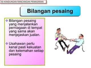 Bilangan pesaing Bilangan pesaing yang menjalankan perniagaan di tempat yang sama akan menjejaskan jualan. Usahawan perlu kenal pasti kekuatan dan kelemahan setiap pesaing ISI KANDUNGAN RANCANGAN PEMASARAN 