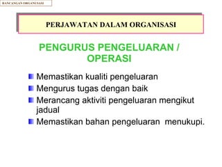 PENGURUS PENGELUARAN / OPERASI Memastikan kualiti pengeluaran  Mengurus tugas dengan baik Merancang aktiviti pengeluaran mengikut jadual Memastikan bahan pengeluaran  menukupi. RANCANGAN ORGANUSASI PERJAWATAN DALAM ORGANISASI 