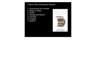 7 Basic Plots (Christopher Booker)
1. Overcoming the monster
2. Rags to riches
3. Quest
4. Voyage and Return
5. Comedy
6. Tragedy
7. Rebirth
 