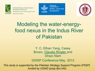Modeling the water-energy-
food nexus in the Indus River
of Pakistan
Y. C. Ethan Yang, Casey
Brown, Claudia Ringler and
Ghazi Alam
GWSP Conference May 2013
This study is supported by the Pakistan Strategy Support Program (PSSP)
funded by USAID (pssp.ifpri.info)
 