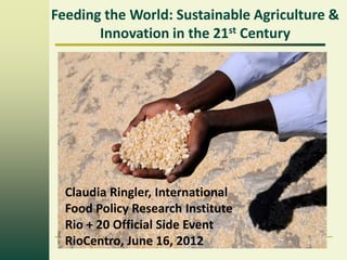 Feeding the World: Sustainable Agriculture &
       Innovation in the 21st Century




  How to Achieve Food Security in a
  World of Growing Scarcity:
  Role of Technology Development
  Strategies
  Claudia Ringler, International
  Food Policy Research Institute
  Rio + 20 Official Side Event
  RioCentro, June 16, 2012
 