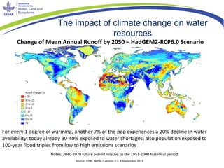 Change of Mean Annual Runoff by 2050 – HadGEM2-RCP6.0 Scenario
Notes: 2040-2070 future period relative to the 1951-2000 historical period.
The impact of climate change on water
resources
Source: IFPRI, IMPACT version 3.2, 8 September 2015
For every 1 degree of warming, another 7% of the pop experiences a 20% decline in water
availability; today already 30-40% exposed to water shortages; also population exposed to
100-year flood triples from low to high emissions scenarios
 
