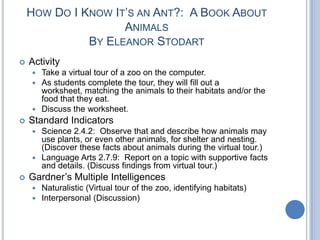 How Do I Know It’s an Ant?:  A Book About AnimalsBy Eleanor StodartActivityTake a virtual tour of a zoo on the computer.As students complete the tour, they will fill out a worksheet, matching the animals to their habitats and/or the food that they eat.Discuss the worksheet.Standard IndicatorsScience 2.4.2:  Observe that and describe how animals may use plants, or even other animals, for shelter and nesting. (Discover these facts about animals during the virtual tour.)Language Arts 2.7.9:  Report on a topic with supportive facts and details. (Discuss findings from virtual tour.)Gardner’s Multiple Intelligences  Naturalistic (Virtual tour of the zoo, identifying habitats)Interpersonal (Discussion)