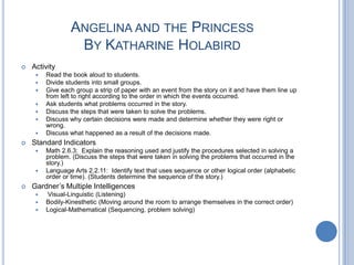 Angelina and the PrincessBy Katharine HolabirdActivityRead the book aloud to students.Divide students into small groups.Give each group a strip of paper with an event from the story on it and have them line up from left to right according to the order in which the events occurred. Ask students what problems occurred in the story.Discuss the steps that were taken to solve the problems.Discuss why certain decisions were made and determine whether they were right or wrong.Discuss what happened as a result of the decisions made.Standard IndicatorsMath 2.6.3:  Explain the reasoning used and justify the procedures selected in solving a problem. (Discuss the steps that were taken in solving the problems that occurred in the story.)Language Arts 2.2.11:  Identify text that uses sequence or other logical order (alphabetic order or time). (Students determine the sequence of the story.)Gardner’s Multiple IntelligencesVisual-Linguistic (Listening)Bodily-Kinesthetic (Moving around the room to arrange themselves in the correct order)Logical-Mathematical (Sequencing, problem solving)