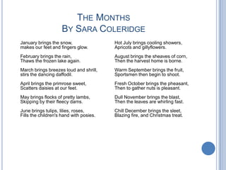 The MonthsBy Sara Coleridge	January brings the snow,makes our feet and fingers glow.February brings the rain,Thaws the frozen lake again.March brings breezes loud and shrill,stirs the dancing daffodil.April brings the primrose sweet,Scatters daisies at our feet.May brings flocks of pretty lambs,Skipping by their fleecy dams.June brings tulips, lilies, roses,Fills the children's hand with posies.	Hot July brings cooling showers,Apricots and gillyflowers.August brings the sheaves of corn,Then the harvest home is borne.Warm September brings the fruit,Sportsmen then begin to shoot.Fresh October brings the pheasant,Then to gather nuts is pleasant.Dull November brings the blast,Then the leaves are whirling fast.Chill December brings the sleet,Blazing fire, and Christmas treat.