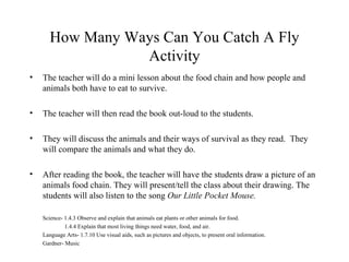 How Many Ways Can You Catch A Fly Activity The teacher will do a mini lesson about the food chain and how people and animals both have to eat to survive. The teacher will then read the book out-loud to the students. They will discuss the animals and their ways of survival as they read.  They will compare the animals and what they do. After reading the book, the teacher will have the students draw a picture of an animals food chain. They will present/tell the class about their drawing. The students will also listen to the song  Our Little Pocket Mouse. Science- 1.4.3 Observe and explain that animals eat plants or other animals for food.  1.4.4 Explain that most living things need water, food, and air. Language Arts- 1.7.10 Use visual aids, such as pictures and objects, to present oral information. Gardner- Music 