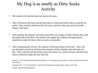 My Dog is as smelly as Dirty Socks Activity The teacher will read the book out loud to the class. They will discuss the book and the descriptive words and similes that are used by the author. They will also talk about the five senses and how they are used to describe things in the book. After reading, the students will each create their own images of their families like what the author did in the book. The teacher will supply the students with appropriate materials in order for them to be as creative as possible. After completing the activity, the students will present them to the class.  They will use descriptive words to tell about the members of their families and what they are like.  They will also talk about the senses like touch, see, smell and taste, and why they chose to describe things the way they did. Science- 1.2.7 Write brief informational descriptions of a real object, person, place, or event using information from observations. Language Arts- 1.7.5 Use descriptive words when speaking about people, places, things, and events. Gardner- Spatial and intrapersonal 