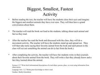 Biggest, Smallest, Fastest Activity Before reading the text, the teacher will have the students close their eyes and imagine the biggest and smallest animals they have ever seen. They will then have a grand conversation about them. The teacher will read the book out loud to the students, talking about each animal and fact as they read. After the teacher has read the book and discussed with the class, they will do a movement activity. The teacher will have the students stand up and spread out.  They will then take turns saying their favorite animal from the book and each person in the class will act out something the animal can do (a fact from the book.) After completing the activity, the teacher will have the students write in their journals about their favorite animal from the book. They will write a fact they already know and a fact they learned about the animal. Science-1.2.7 Write brief informational descriptions of a real object, person, place, or event using information from observations. Language Arts- 1.2.7 Relate prior knowledge to what is read. Gardner- Bodily Kinesthetic 