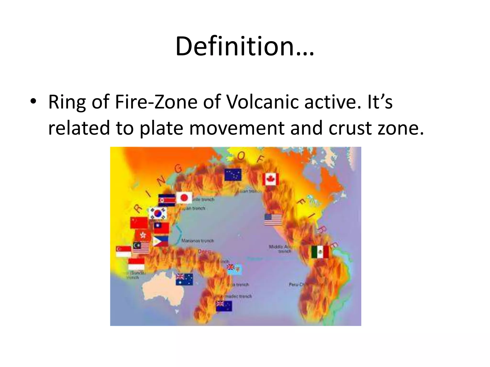 Definition…
• Ring of Fire-Zone of Volcanic active. It’s
related to plate movement and crust zone.