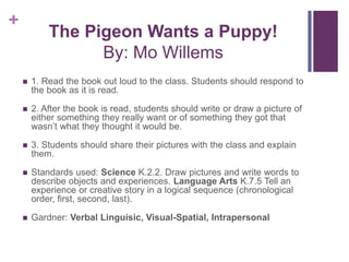 The Pigeon Wants a Puppy!By: Mo Willems1. Read the book out loud to the class. Students should respond to the book as it is read.2. After the book is read, students should write or draw a picture of either something they really want or of something they got that wasn’t what they thought it would be.3. Students should share their pictures with the class and explain them.Standards used: Science K.2.2. Draw pictures and write words to describe objects and experiences. Language Arts K.7.5 Tell an experience or creative story in a logical sequence (chronological order, first, second, last).Gardner: Verbal Linguisic, Visual-Spatial, Intrapersonal