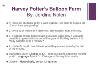 Harvey Potter’s Balloon FarmBy: Jerdine Nolen1. Have the students go for a walk outside. Tell them to keep a list of what they see growing. 2. Once back inside or if preferred, stay outside, read the story.3. Students should begin to ask questions about how it would be possible to grow balloons out of the ground. Do they believe it is really possible or is it fantasy?4. Students could then discuss what they wished would grow out of the ground.Standards used: Science K.1.1. Raise questions about the natural world. Language Arts K.3.1 Distinguish fantasy from reality.Gardner: Naturalistic, Verbal-Linguistic